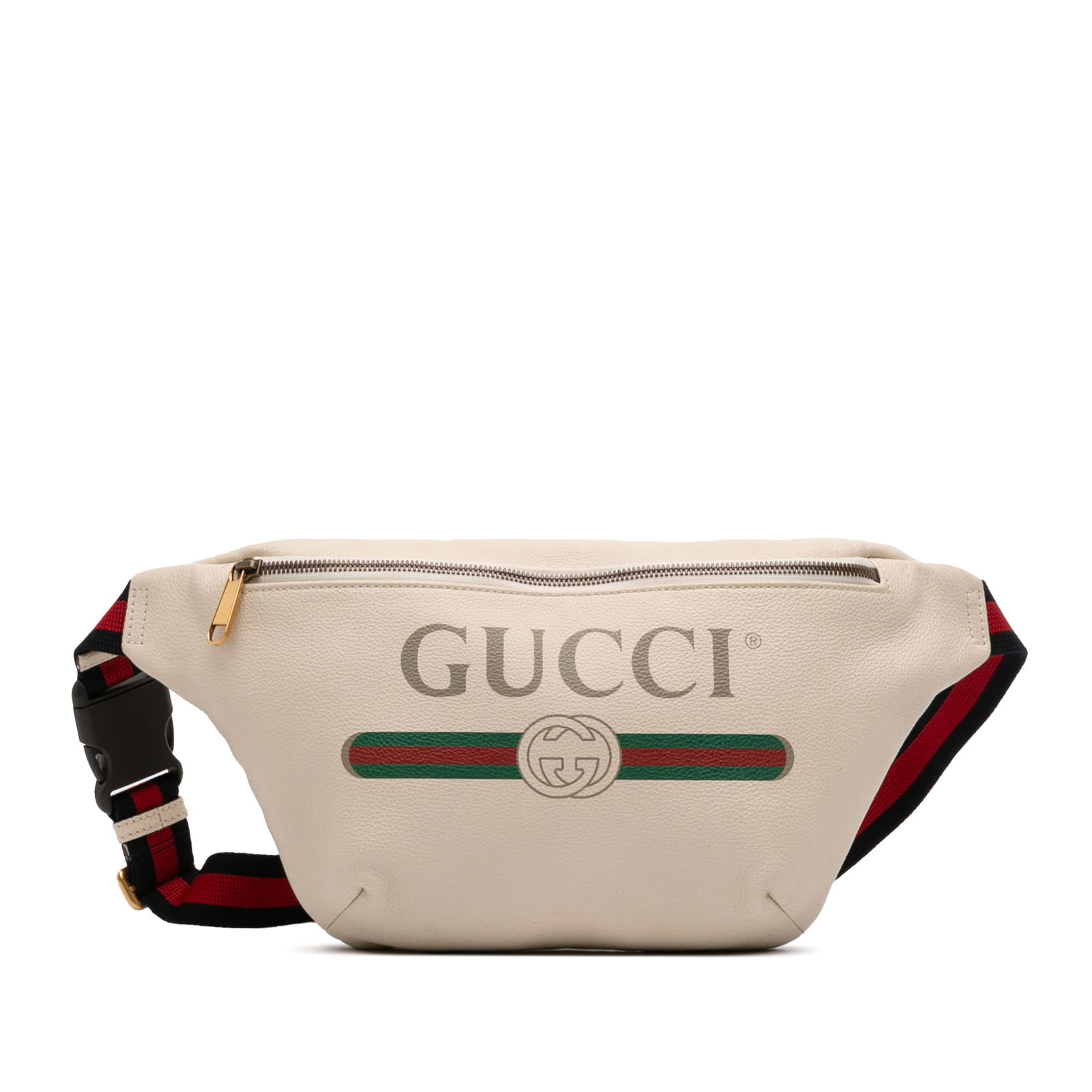 Gucci White Leather Belt Bag with Canvas Waist Strap: Gucci White Leather Belt Bag with Canvas Waist Strap This Gucci belt bag features a white leather body with a canvas waist strap and buckle closure. It includes a front zip closure, offering both styl
