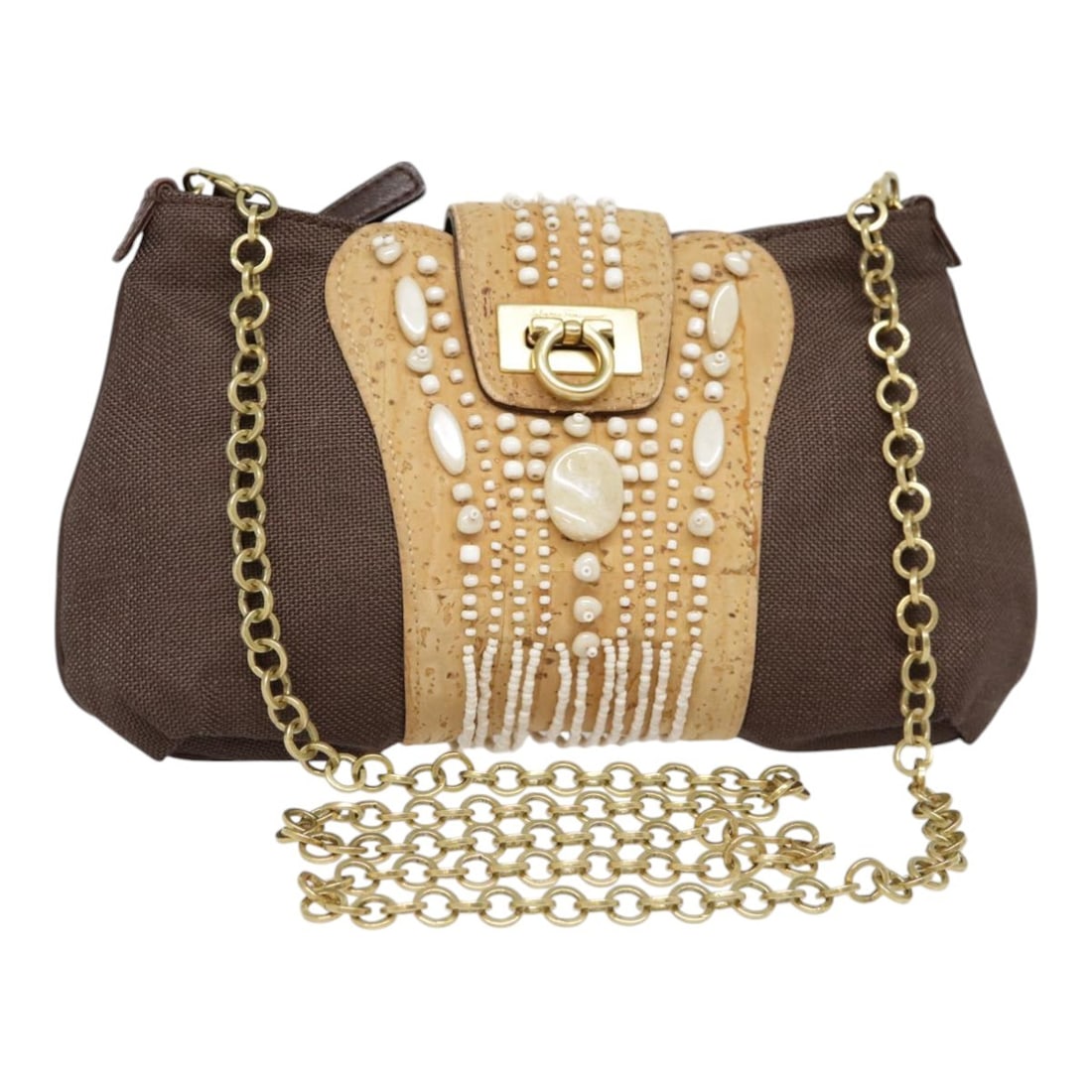 Salvatore Ferragamo Gancini Leather Shoulder Bag Brown Gold Auth Italy (1 of 18)