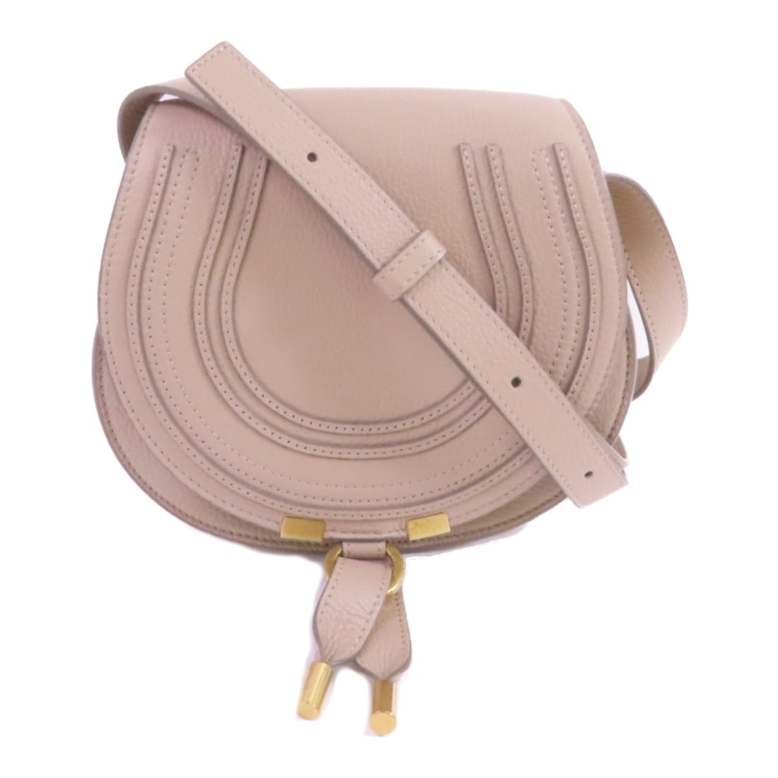 Chloe Small Marcie Beige Calfskin Shoulder Bag with Gold Tone Hardware: Chloe Small Marcie Beige Calfskin Shoulder Bag with Gold Tone Hardware This Chloe Small Marcie Saddle Shoulder Bag features a beige calfskin leather exterior and a classic saddle silhouette. Crafted i