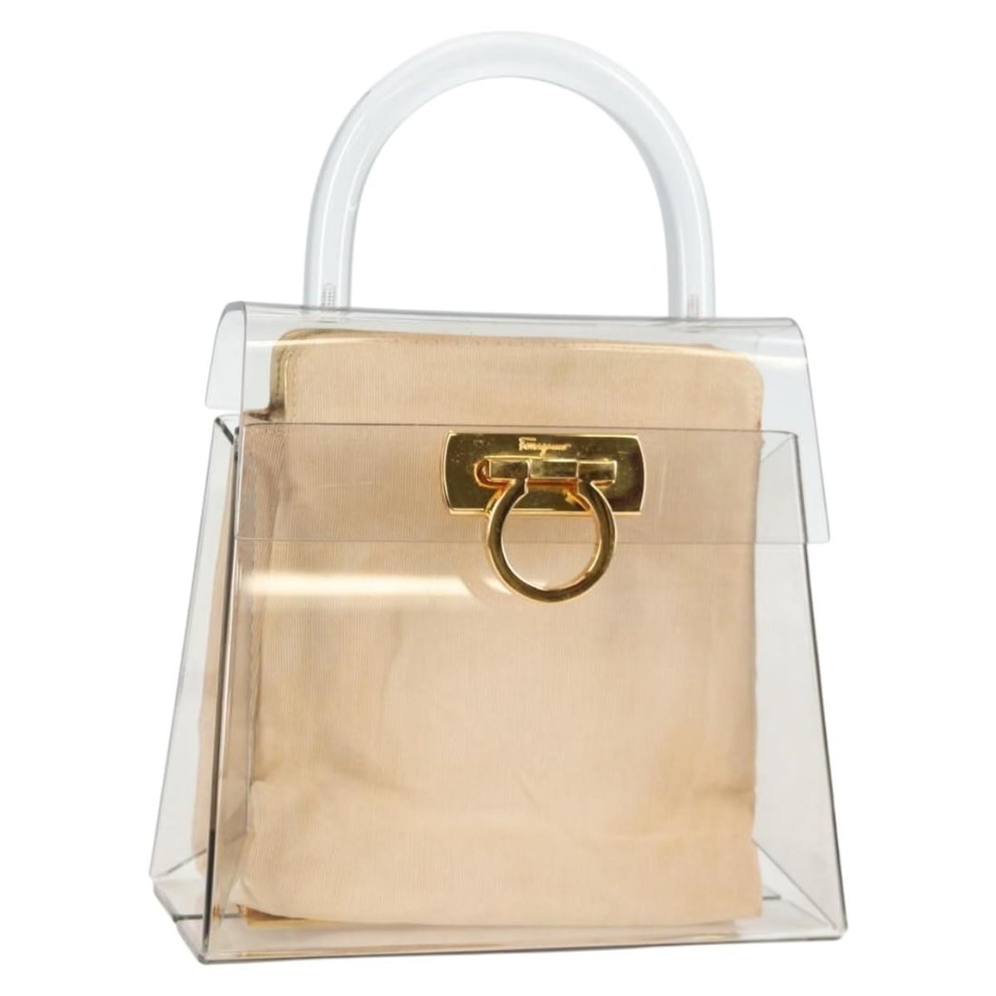 Gancini Convertible Handbag by Salvatore Ferragamo Clear Top Handle Style: Gancini Convertible Handbag by Salvatore Ferragamo Clear Top Handle Style This is a Salvatore Ferragamo Gancini convertible top handle handbag in clear material. The bag shows scratches and slight rub