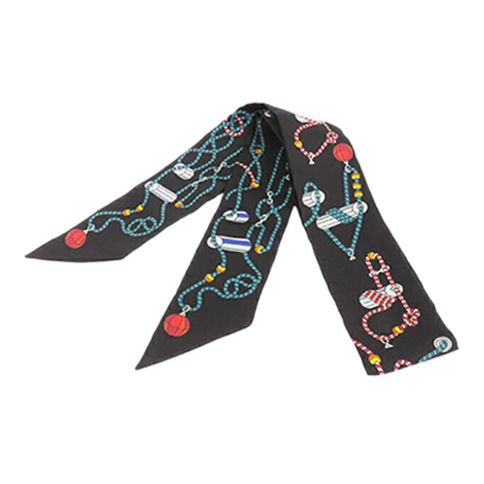 Hermes Cordages Black Silk Twilly Accessory Scarf France: Hermes Cordages Black Silk Twilly Accessory Scarf France This Hermes Cordages Twilly scarf showcases the Cordages print on 100% silk in black. Made in France, it is classified as an accessory. The sca