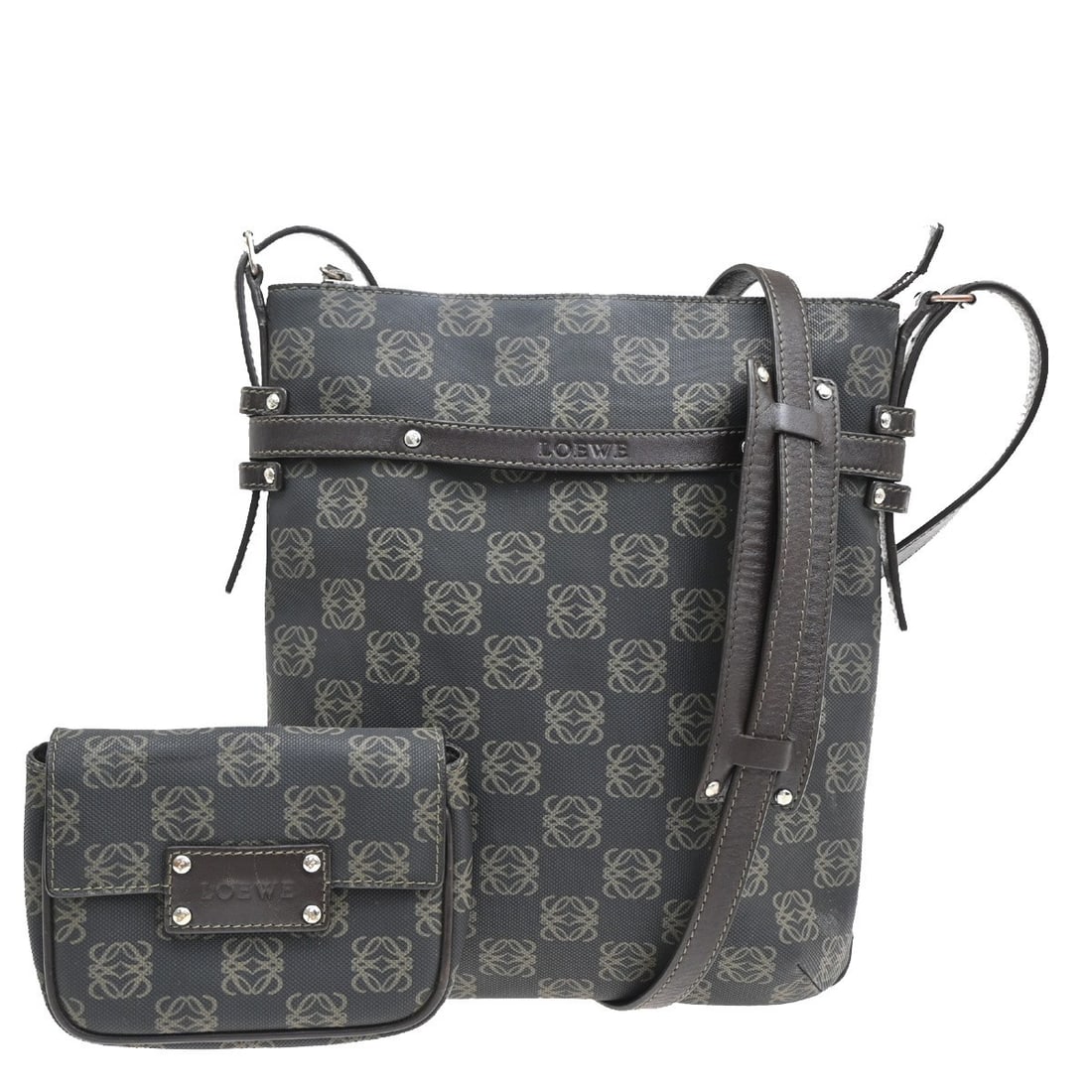 Vintage Loewe Anagram Black Shoulder Bag with Zip Closure and Pouch (1 of 1)