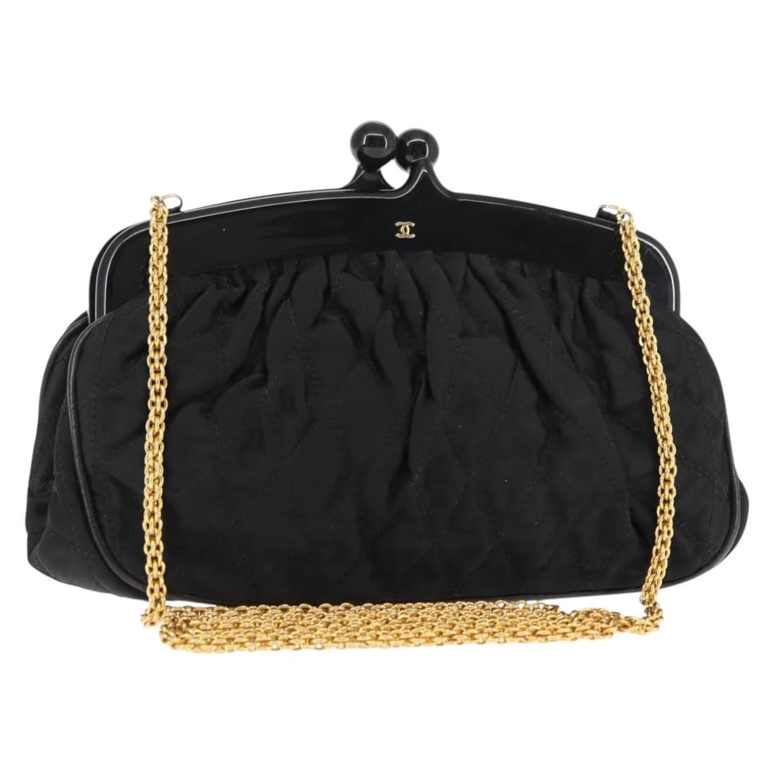 Chanel Black Matelasse Satin Kisslock Shoulder Bag with Chain Strap: Chanel Black Matelasse Satin Kisslock Shoulder Bag with Chain Strap This pre-owned Chanel Matelasse Kisslock Frame shoulder bag features black satin with gold-tone chain accents. The bag shows signs o