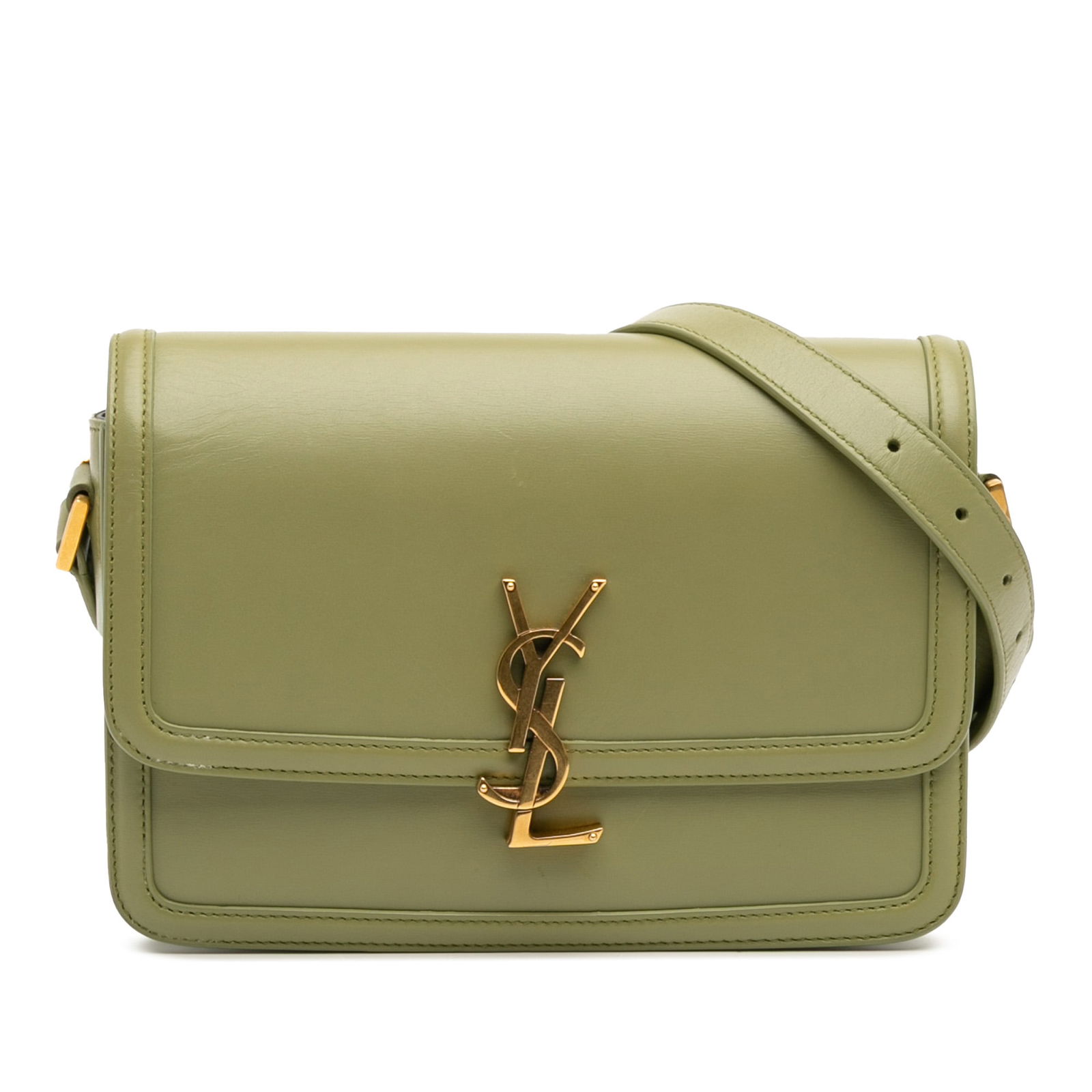 Saint Laurent Medium Leather Solferino Satchel Green Italy: Saint Laurent Medium Leather Solferino Satchel Green Italy The Saint Laurent Medium Leather Solferino Satchel is a stylish and functional bag crafted from premium leather. Features include an adjustab