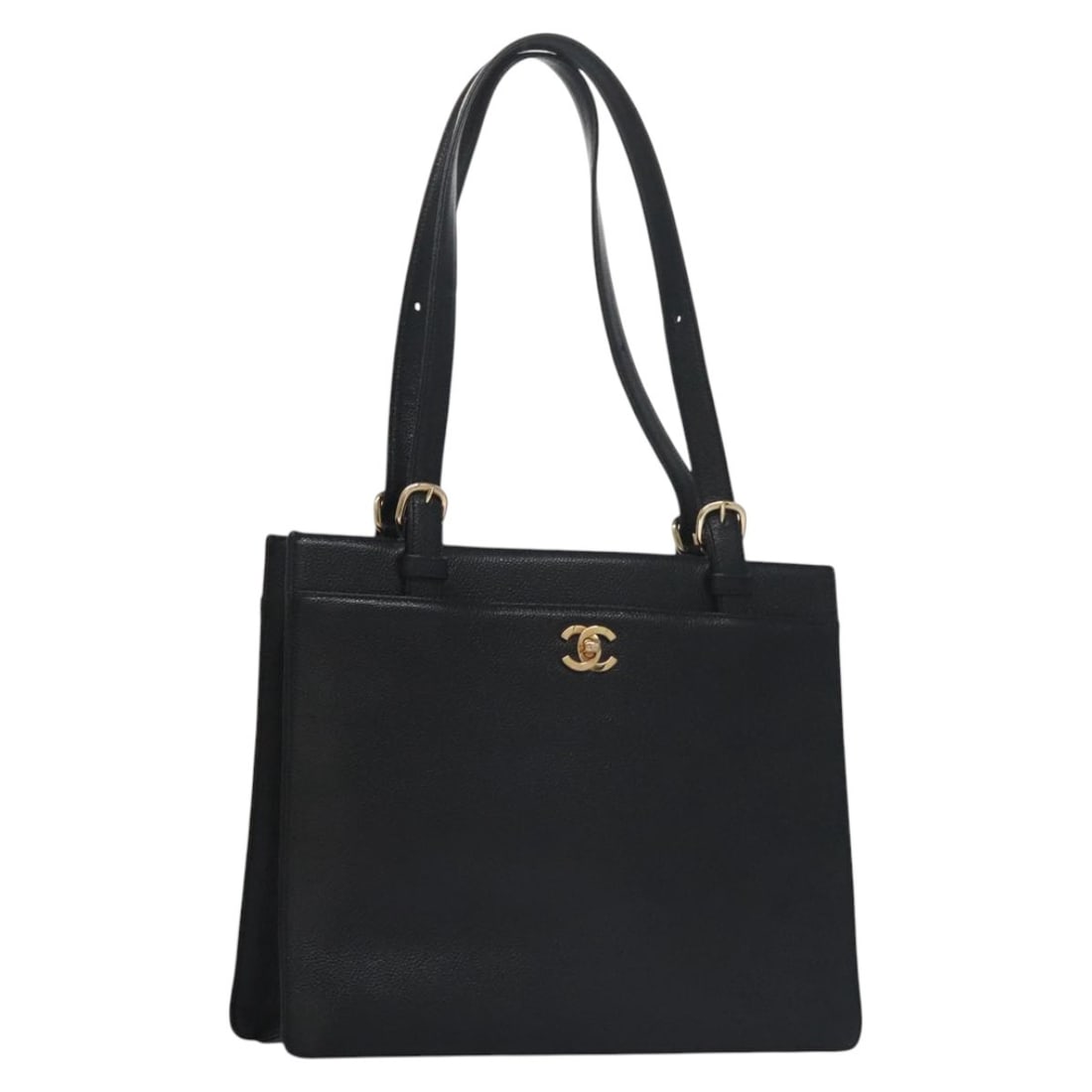 Black Vintage Tote Bag by Chanel: Black Vintage Tote Bag by Chanel This Chanel vintage tote bag features a classic black exterior with surface rubbing and slight loss of shape. The handles also show rubbing and minor shape loss, while