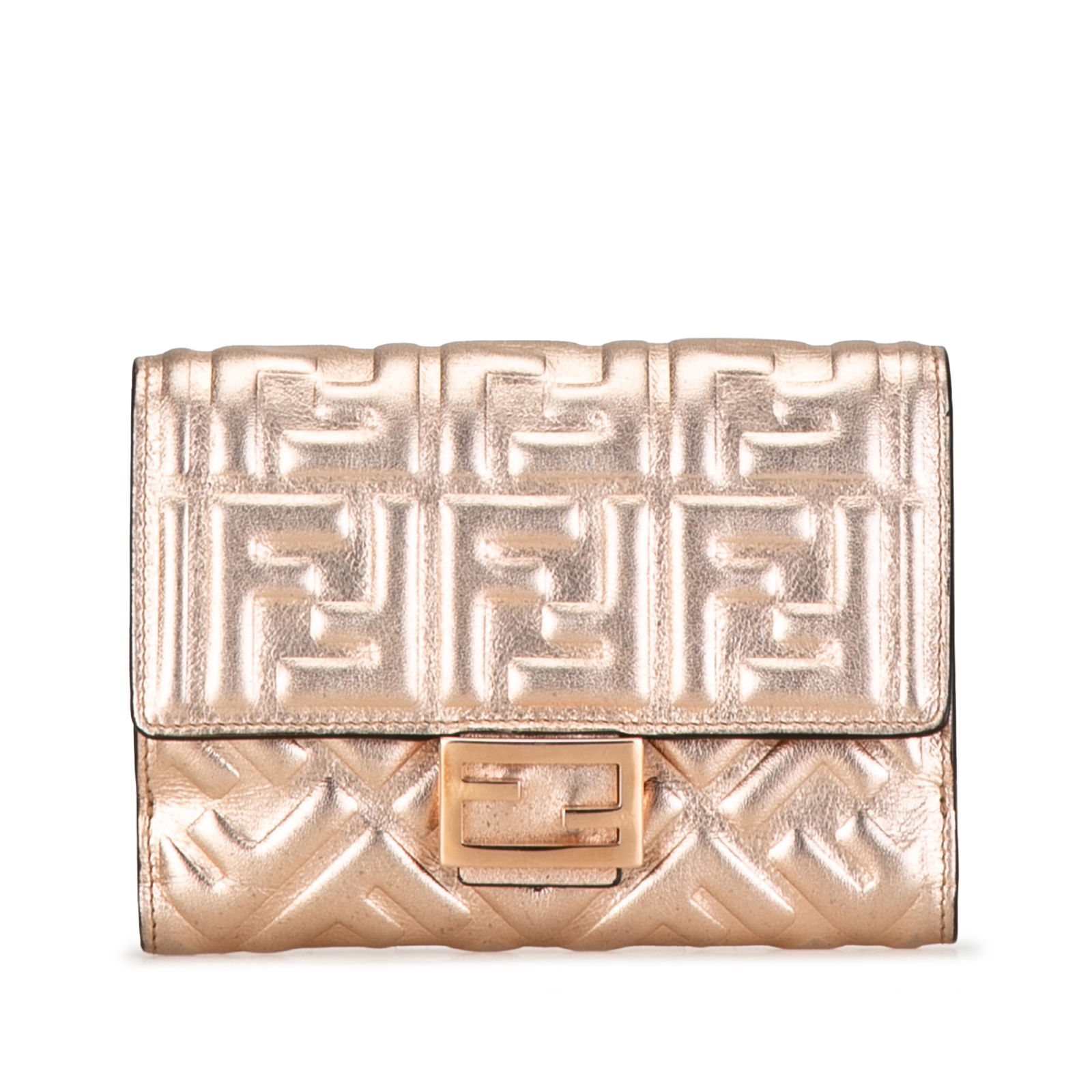 Fendi Zucca Embossed Compact Wallet Gold Leather Italy (1 of 9)