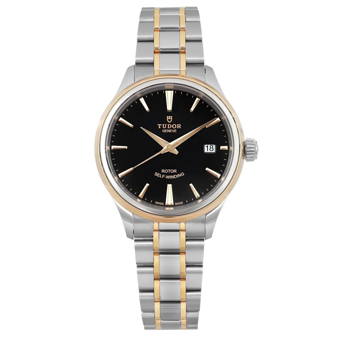 TUDOR Style 38mm Automatic Watch 18K Gold Stainless Steel Black Dial: TUDOR Style 38mm Automatic Watch 18K Gold Stainless Steel Black Dial Experience the elegance of the Tudor Style 38mm wristwatch, expertly crafted with an 18K yellow gold and stainless steel combinatio
