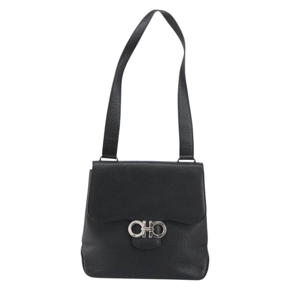 Gancini Shoulder Purse by Salvatore Ferragamo in Black: Gancini Shoulder Purse by Salvatore Ferragamo in Black This pre-owned Salvatore Ferragamo Gancini shoulder bag is crafted in black and designed for women. It features signs of wear, including surface