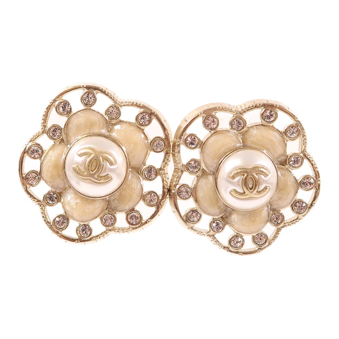 CHANEL CC Gold White Pierced Earrings with Metal Crystal: CHANEL CC Gold White Pierced Earrings with Metal Crystal Elevate your accessory collection with these stunning Chanel CC Pierced Earrings. Crafted in a sophisticated gold tone, these earrings showcase