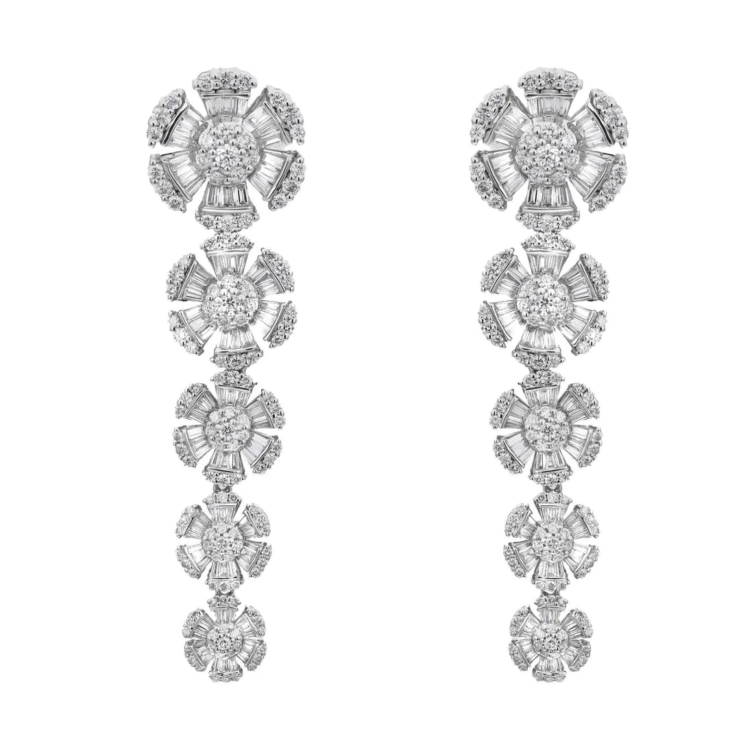 Rachel Koen 18K White Gold Diamond Flower Drop Earrings 3.45Cttw: Rachel Koen 18K White Gold Diamond Flower Drop Earrings 3.45Cttw Elevate your style with these exquisite Baguette & Round Cut Diamond Flower Drop Earrings, meticulously crafted in luxurious 18K white