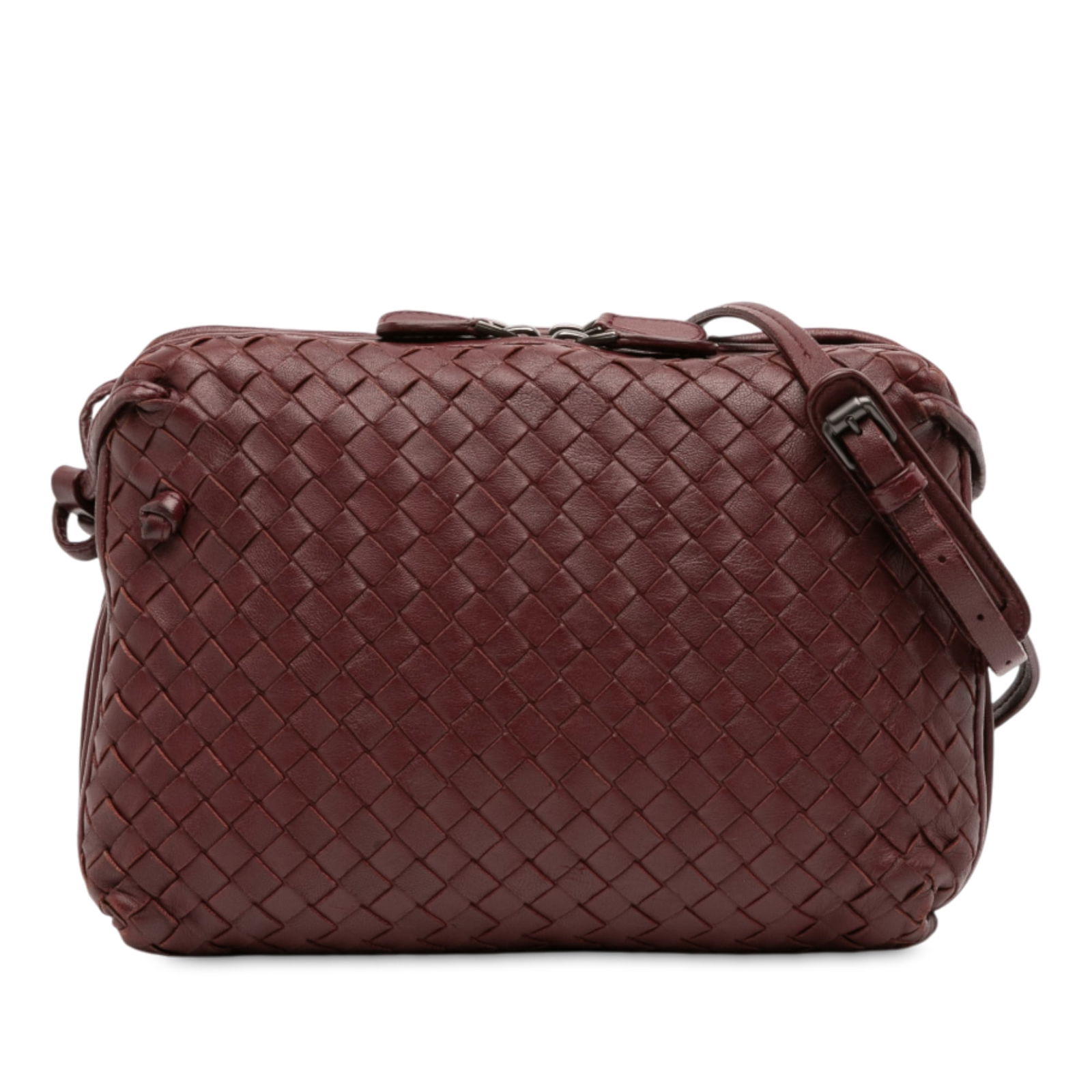 Bottega Veneta Nodini Red Leather Crossbody With Double Zip Intrecciato Design (1 of 13)