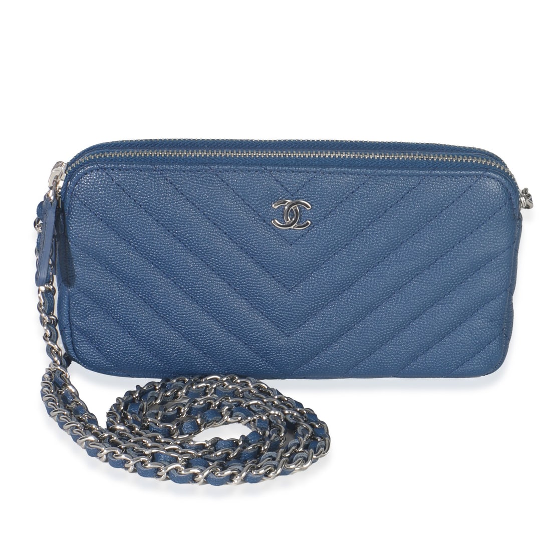 Chanel Blue Caviar Double Zip Clutch Handbag with Authenticity Card (1 of 9)