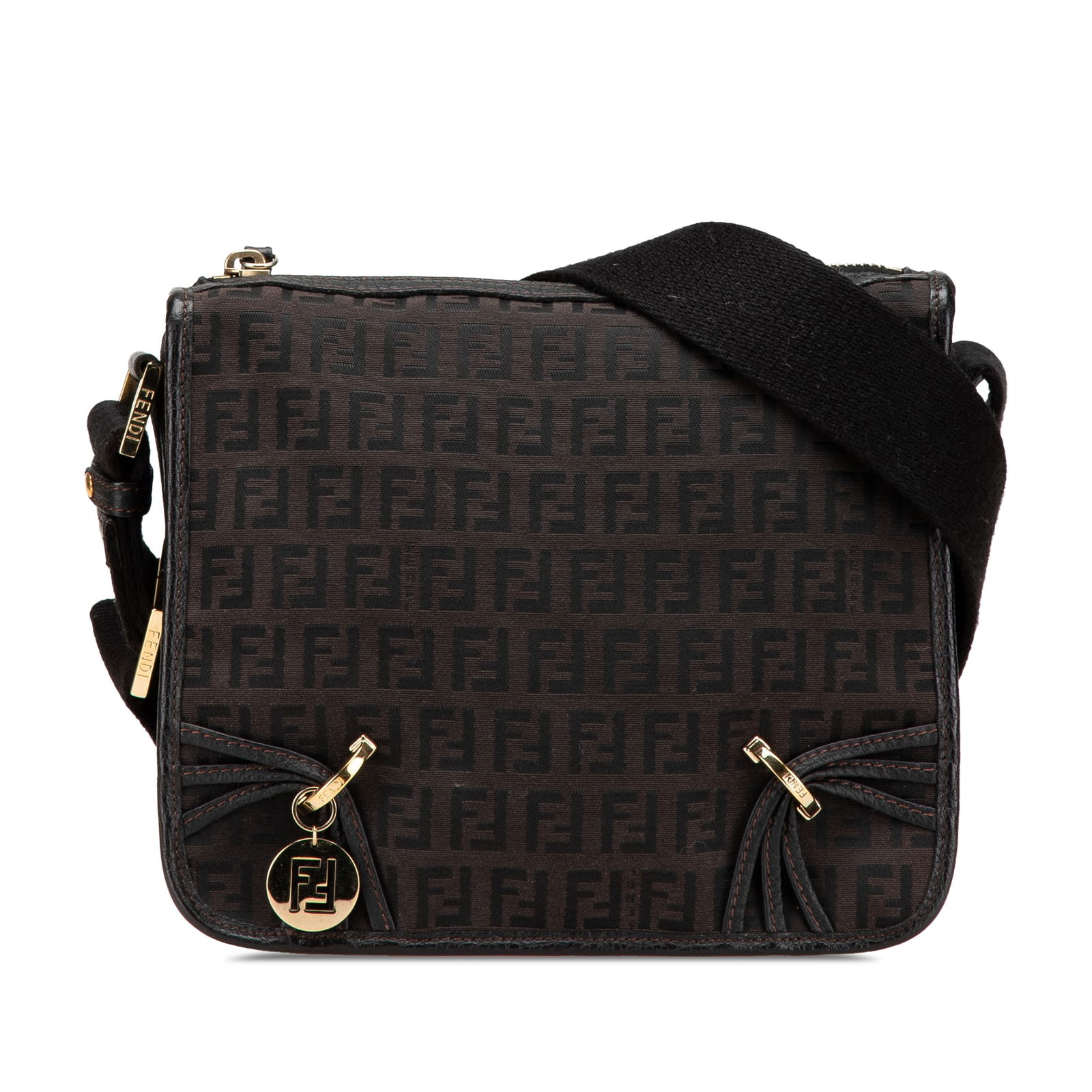 Fendi Small Zucchino Canvas F Charm Crossbody Bag Brown: Fendi Small Zucchino Canvas F Charm Crossbody Bag Brown This stylish Fendi Small Zucchino Canvas F Charm Crossbody bag is crafted from durable canvas with leather trim. It features an adjustable flat