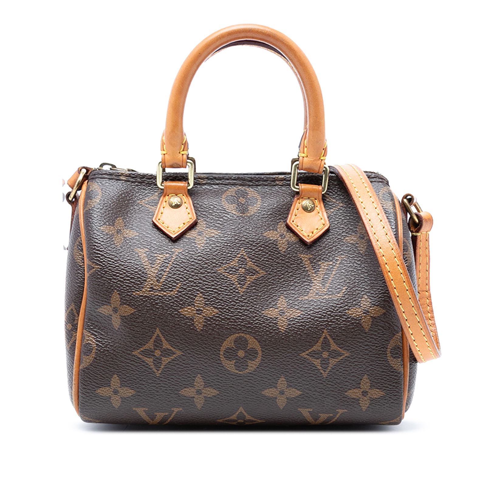 Louis Vuitton Nano Speedy Monogram Canvas Shoulder Bag with Vachetta Strap: Louis Vuitton Nano Speedy Monogram Canvas Shoulder Bag with Vachetta Strap The Louis Vuitton Monogram Nano Speedy Bandouliere is crafted from signature monogram canvas with rolled vachetta leather han