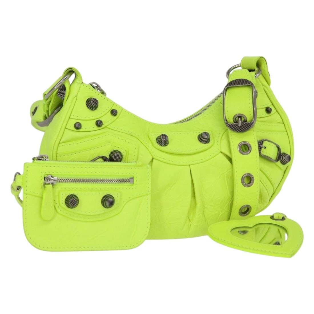 Balenciaga LucaGol XS Neon Yellow Leather Handbag with Dust Bag and Mirror: Balenciaga LucaGol XS Neon Yellow Leather Handbag with Dust Bag and Mirror This Balenciaga LucaGol XS hand bag is crafted from neon yellow leather and features a compact design. The bag includes a sho