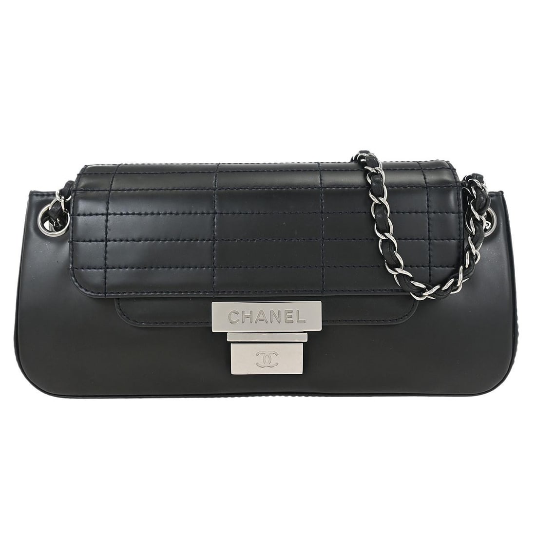 Medium Accordion Shoulder Bag in Black Calfskin by Chanel: Medium Accordion Shoulder Bag in Black Calfskin by Chanel This Chanel Accordion Flap Bag features black calfskin leather with a medium-sized shoulder strap design. The bag offers an accordion-style st