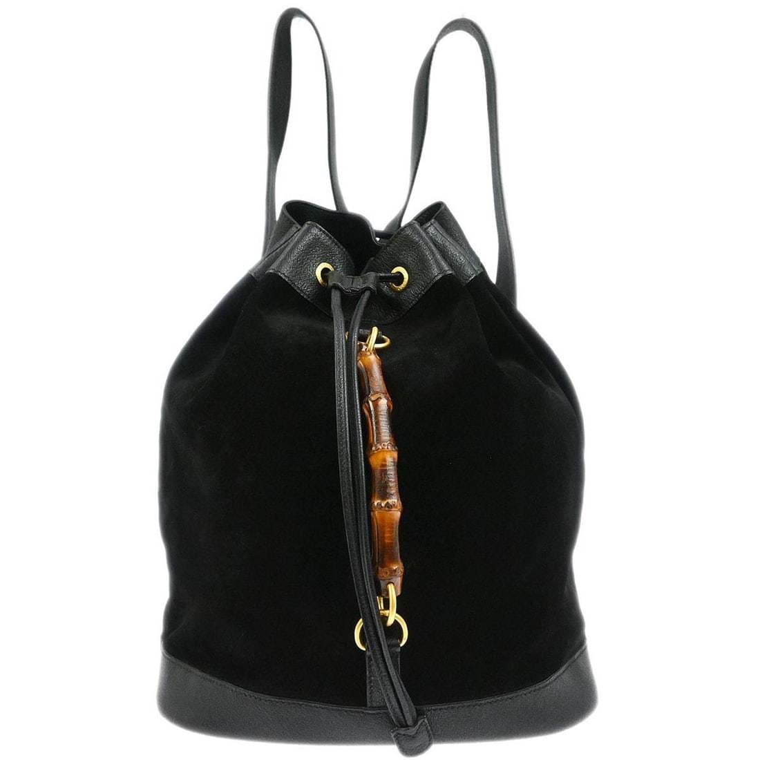 Gucci Bamboo Black Suede Medium Backpack with Adjustable Shoulder Straps: Gucci Bamboo Black Suede Medium Backpack with Adjustable Shoulder Straps This Gucci backpack features a black suede leather exterior with distinctive bamboo accents and a bamboo handle. The medium-siz
