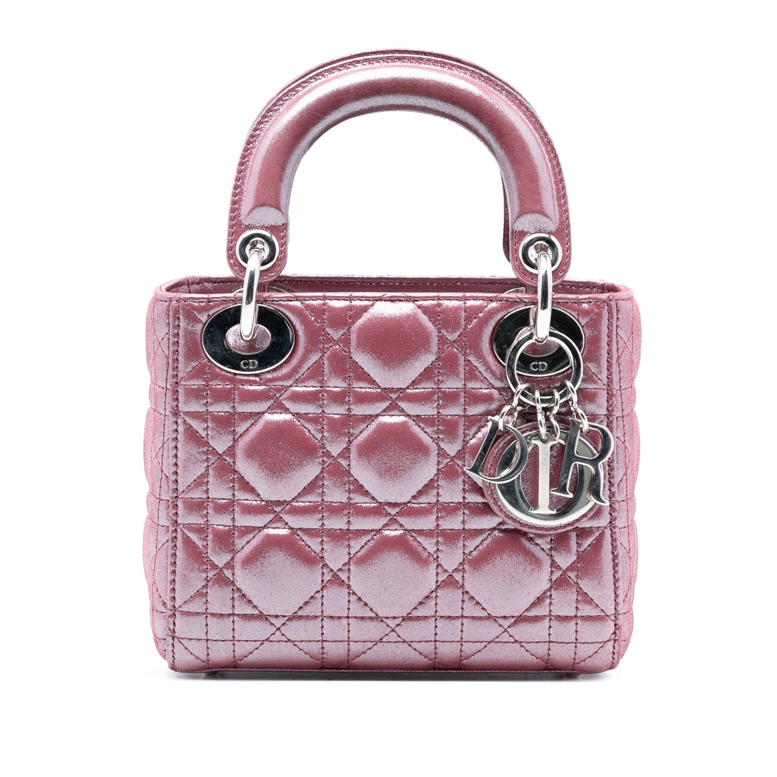 Dior Mini Lady Dior Iridescent Lambskin Cannage Shoulder Bag Pink: Dior Mini Lady Dior Iridescent Lambskin Cannage Shoulder Bag Pink This Mini Lady Dior handbag showcases quilted metallic lambskin leather in a pink iridescent finish. It features flat leather top hand