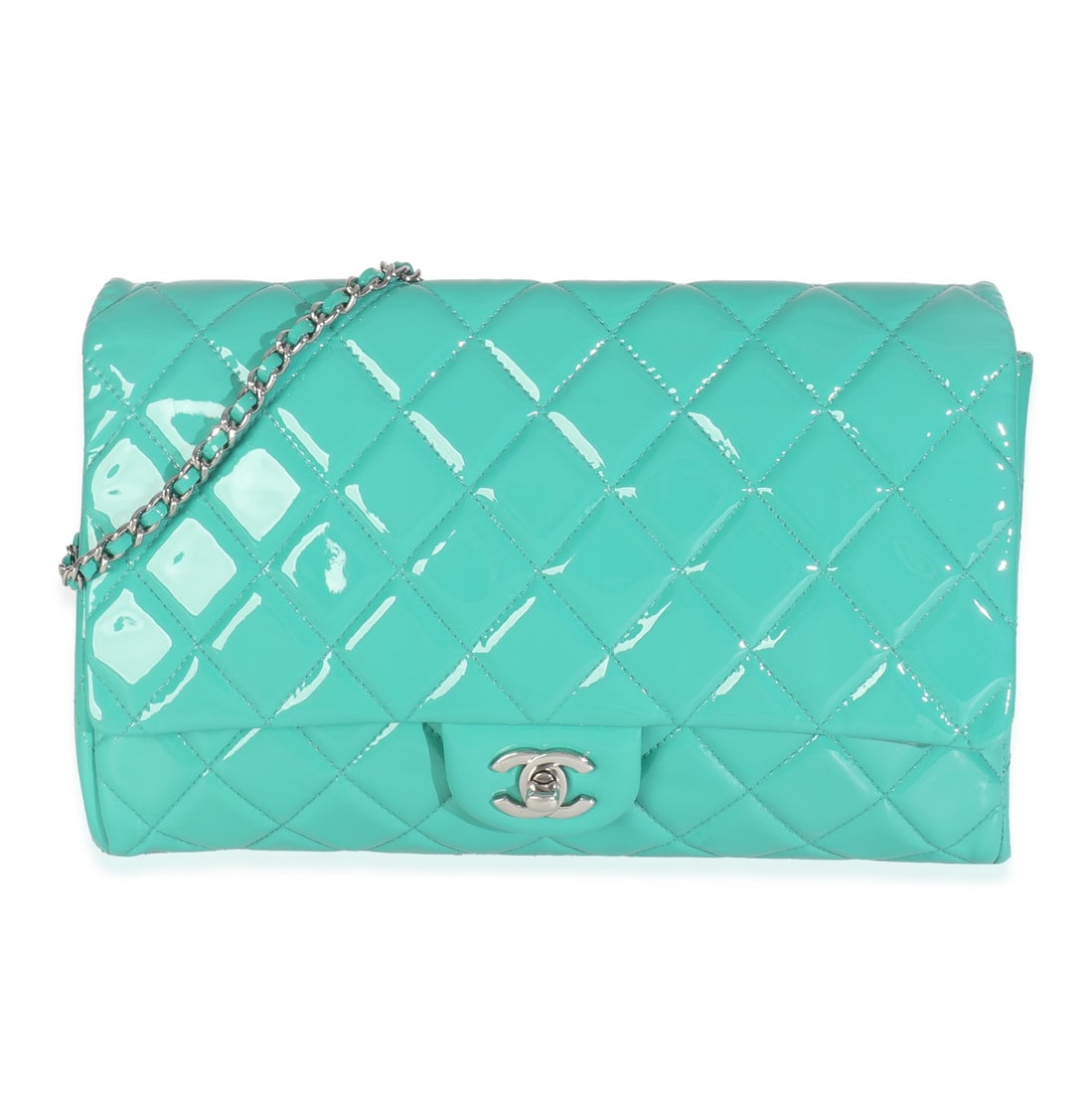 Chanel Turquoise Patent Leather Classic Flap Clutch 2011 With Chain (1 of 9)
