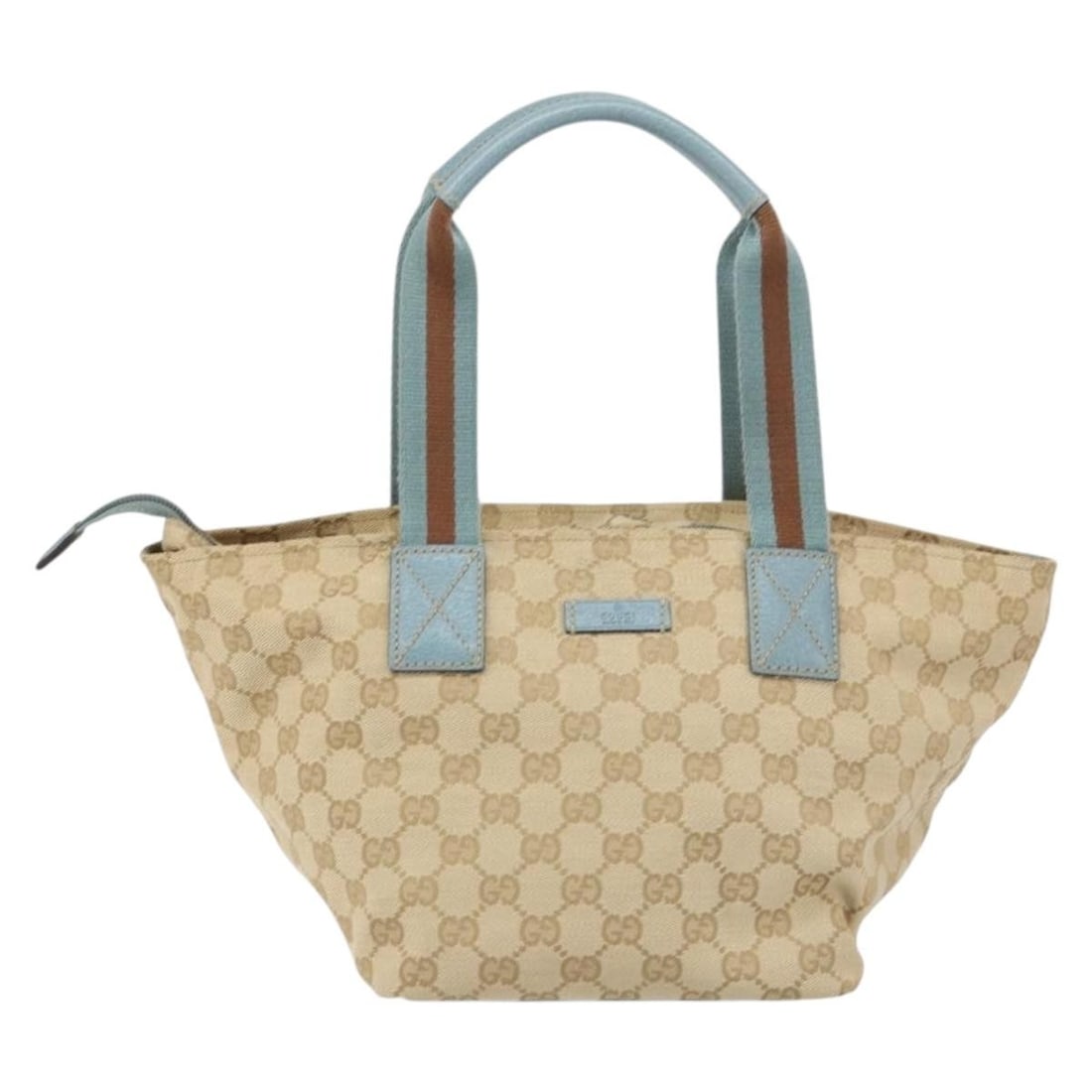 Beige Web Zip Tote Bag by Gucci: Beige Web Zip Tote Bag by Gucci This pre-owned Gucci Web Zip tote bag is crafted in beige material and designed for female use. It features a spacious interior and practical zip closure. The bag shows