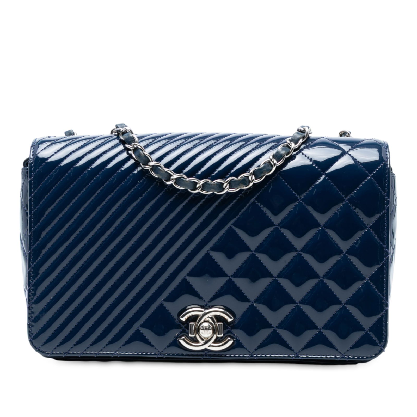 Chanel Medium Patent Coco Boy Flap Bag Blue Leather Italy: Chanel Medium Patent Coco Boy Flap Bag Blue Leather Italy The Chanel Medium Patent Coco Boy Flap bag is a stylish accessory crafted from quilted patent leather, featuring elegant leather-woven chain s