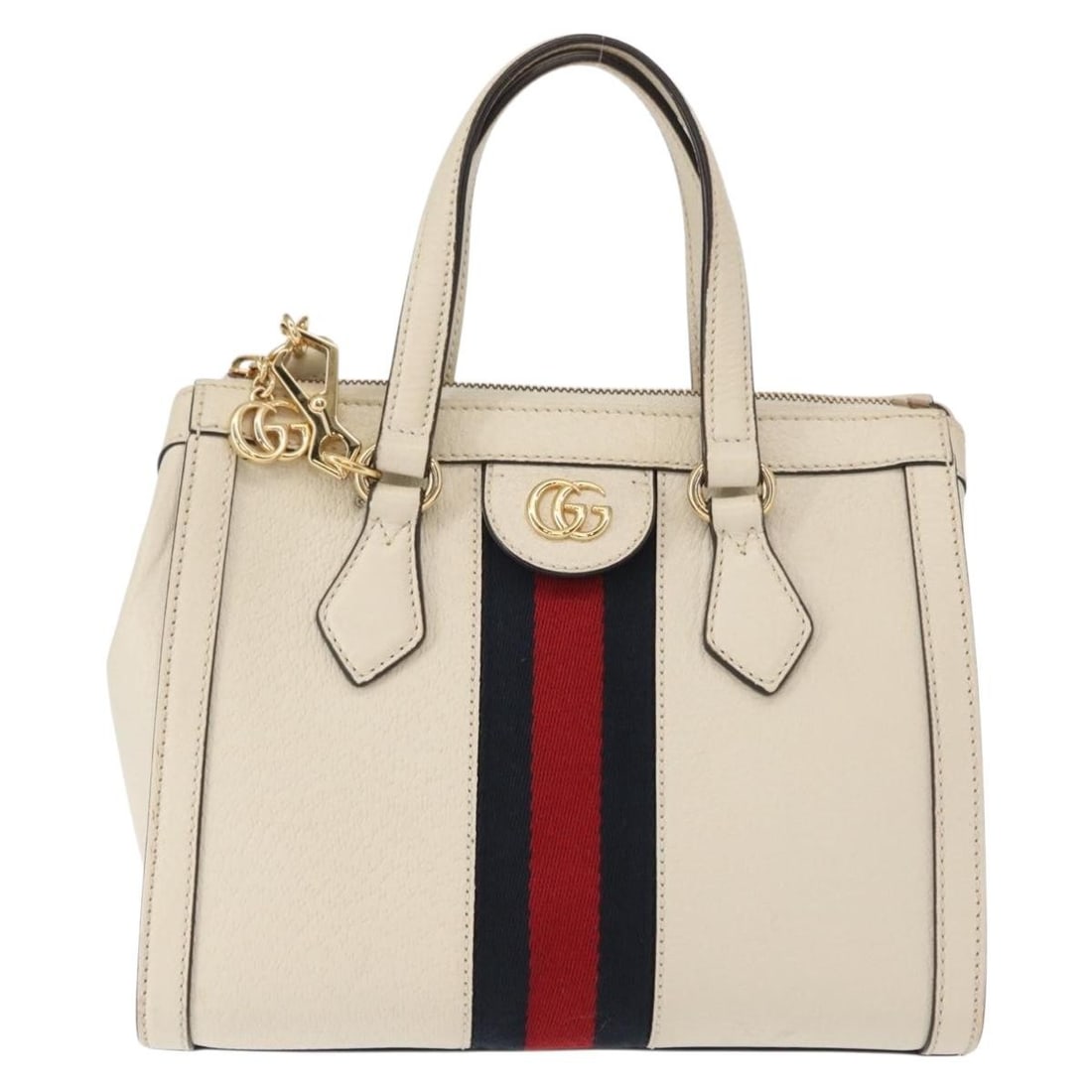 Ophidia White Top Handle Handbag by Gucci: Ophidia White Top Handle Handbag by Gucci This pre-owned Gucci Ophidia Top Handle Tote in white features a stylish and functional design. The bag is in good condition, with slight signs of use includi