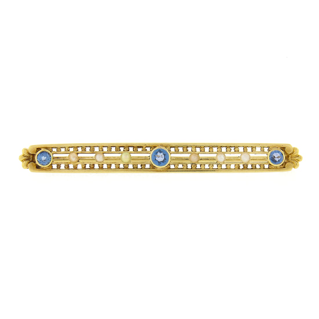 Antique 14k Yellow Gold Sapphire Seed Pearl Open Work Bar Brooch: Antique 14k Yellow Gold Sapphire Seed Pearl Open Work Bar Brooch This exquisite antique bar pin brooch is crafted from solid 14k yellow gold and features a stunning combination of genuine cultured see