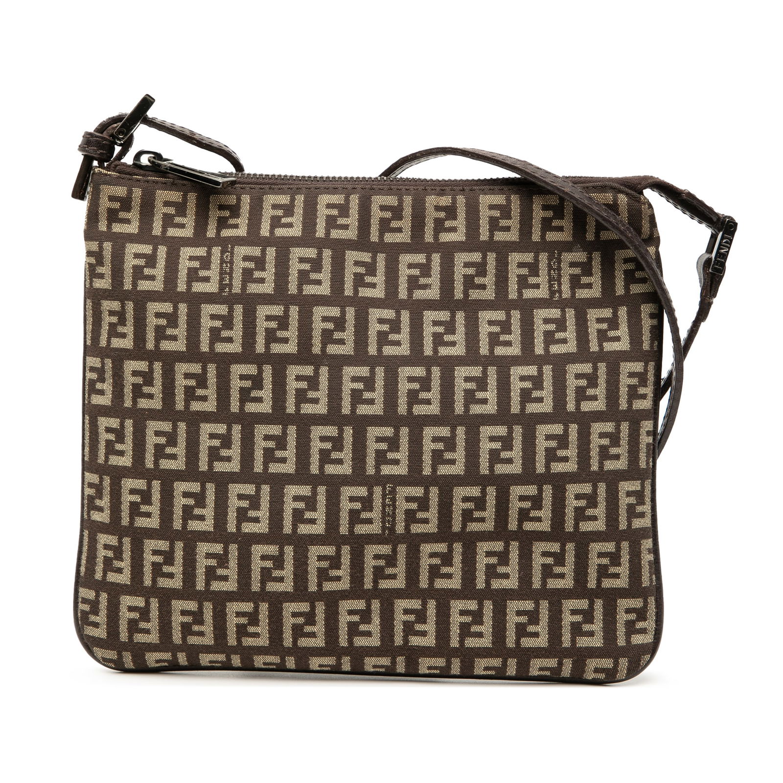 Fendi Zucchino Pattern Canvas Crossbody Bag with Leather Trim: Fendi Zucchino Pattern Canvas Crossbody Bag with Leather Trim This Fendi Zucchino Canvas Crossbody bag features a brown canvas body with leather trim, an adjustable flat leather strap, a top zip closu