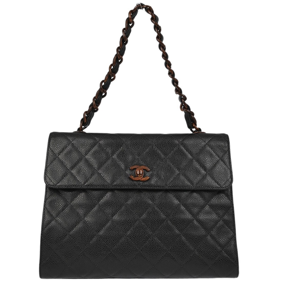 Chanel Black Caviar Straight Flap Handbag with Turn Lock: Chanel Black Caviar Straight Flap Handbag with Turn Lock This Chanel handbag is crafted from luxurious black caviar skin, offering a sophisticated and timeless appeal. The medium-sized straight flap d