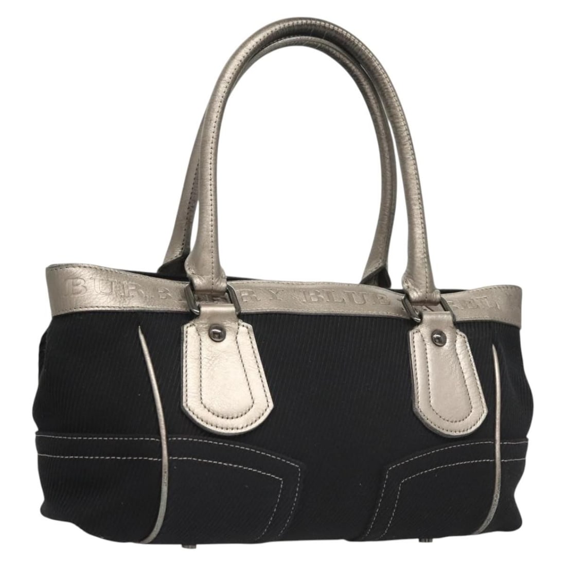BURBERRY Blue Label Hand Bag Canvas Black Silver Made in Japan: BURBERRY Blue Label Hand Bag Canvas Black Silver Made in Japan Elevate your accessory collection with this authentic BURBERRY Blue Label Hand Bag, crafted from durable canvas in a striking black and s