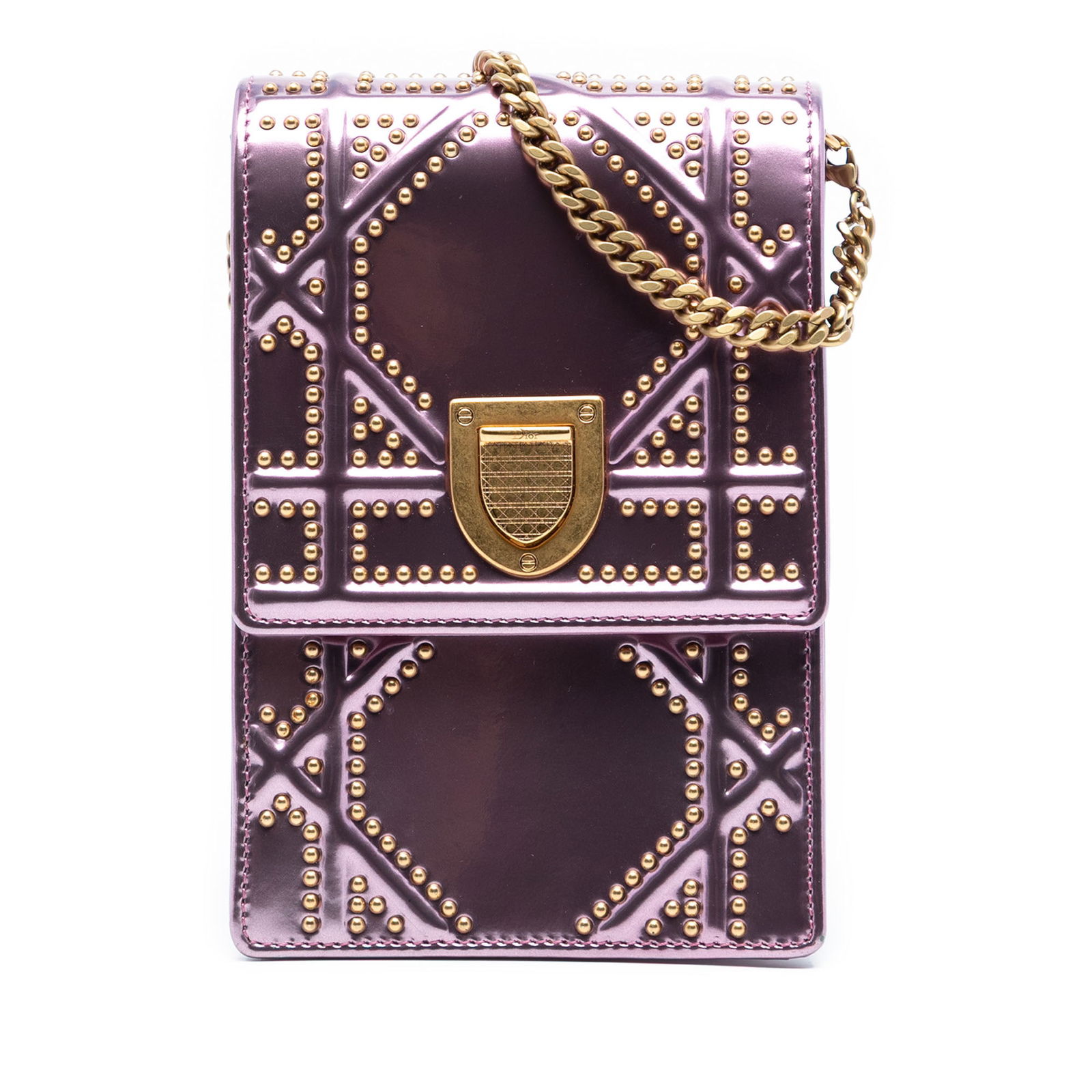 Dior Metallic Pink Studded Calfskin Diorama Vertical Leather Shoulder Bag: Dior Metallic Pink Studded Calfskin Diorama Vertical Leather Shoulder Bag This Dior Metallic Studded Calfskin Vertical Diorama bag features a studded leather body, a curb chain strap, a front flap wit