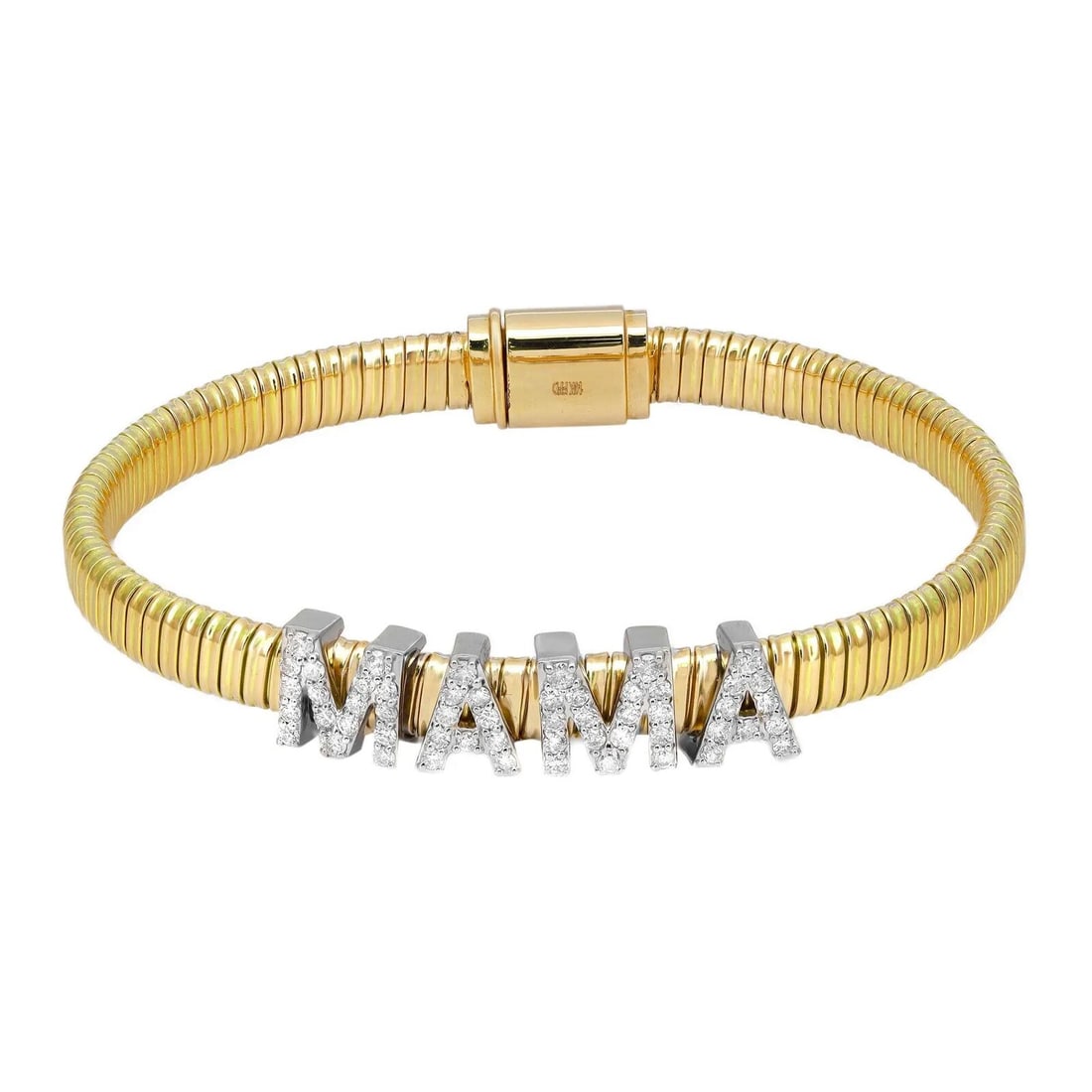 Rachel Koen 14K Yellow Gold MAMA Diamond Bracelet 0.85 Cttw Bangle: Rachel Koen 14K Yellow Gold MAMA Diamond Bracelet 0.85 Cttw Bangle This exquisite "MAMA" bracelet is a stunning piece crafted from luxurious 14K yellow gold. The bracelet features prong-set round bril
