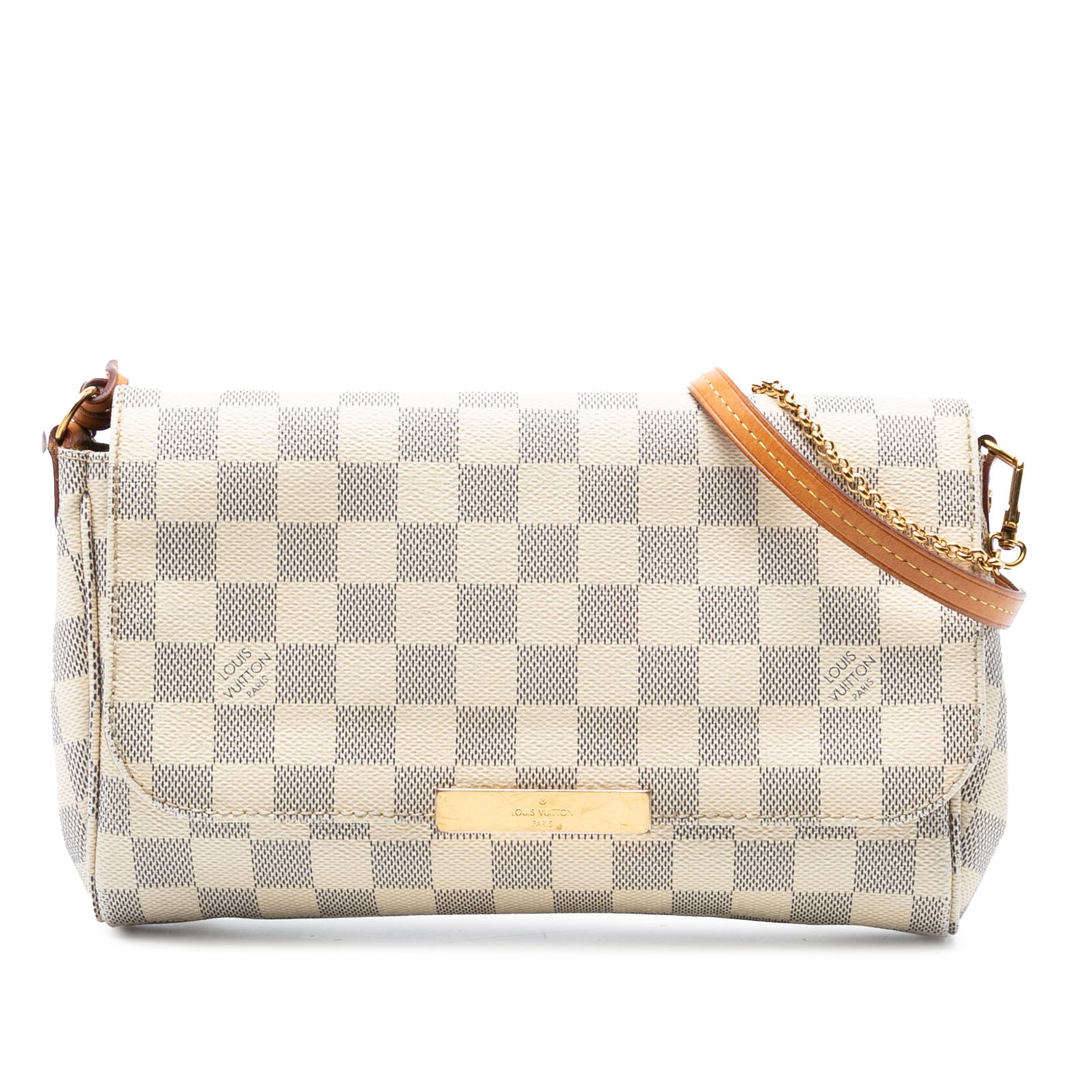 Louis Vuitton Damier Azur Favorite MM Bag with Chain Strap: Louis Vuitton Damier Azur Favorite MM Bag with Chain Strap The Louis Vuitton Damier Azur Favorite MM is a chic and stylish handbag featuring a signature damier azur canvas body. It is designed with a
