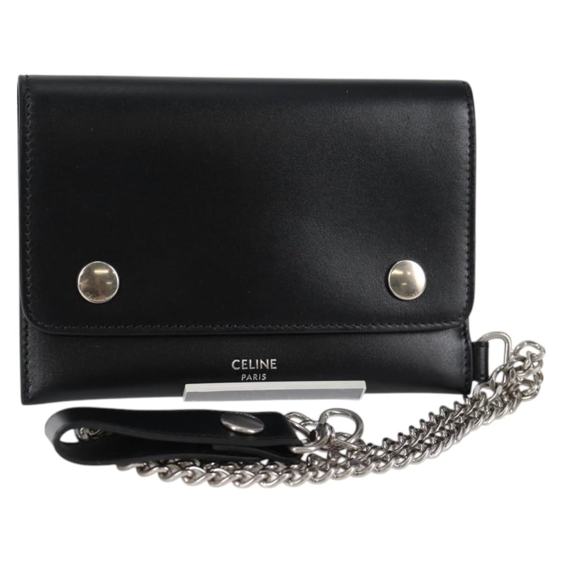 CELINE 10C633-38SI Leather Chain Wallet Silver Black Auth Italy (1 of 17)