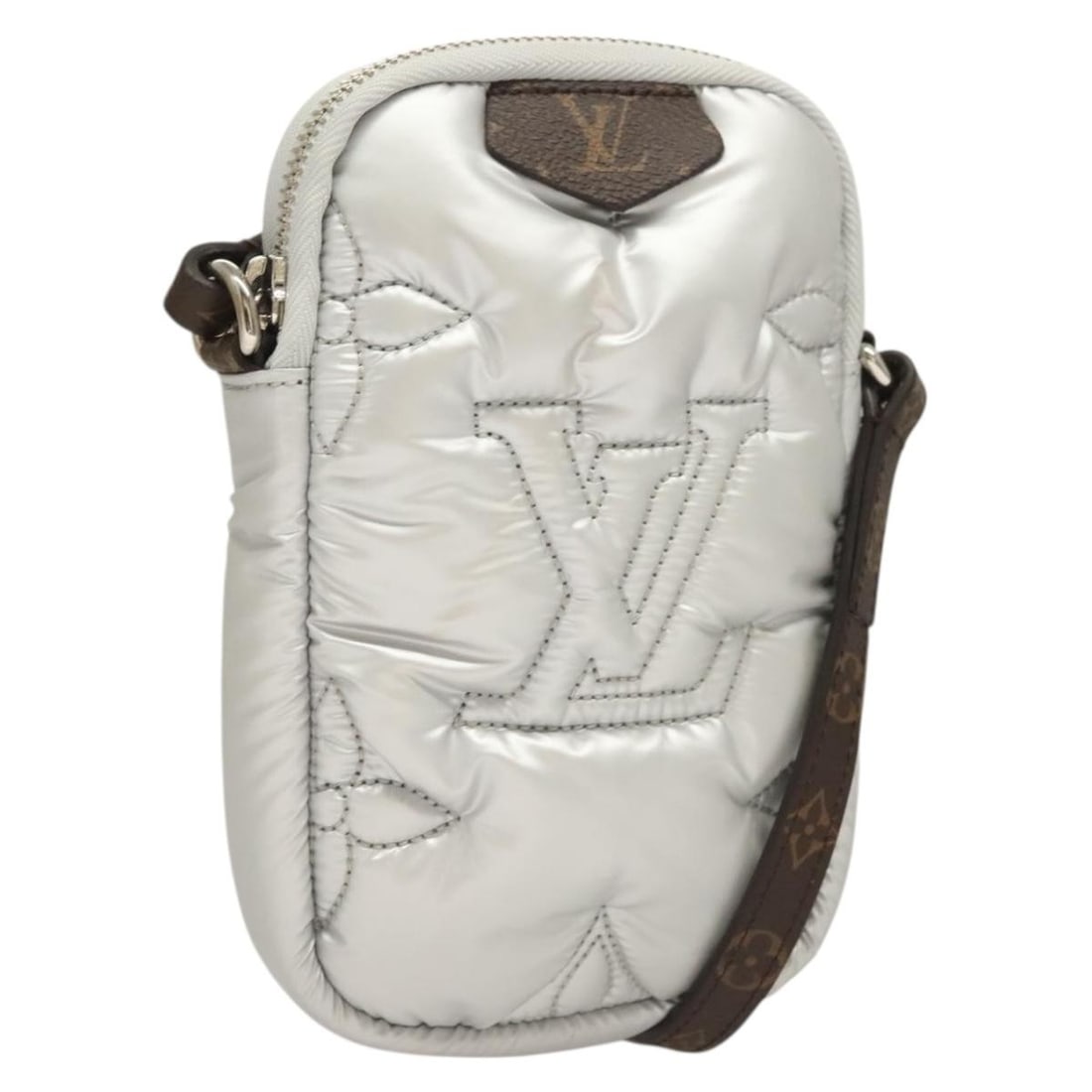 Silver Louis Vuitton Pillow Style Phone Bag Pouch: Silver Louis Vuitton Pillow Style Phone Bag Pouch This un-used Louis Vuitton pillow phone pouch features a silver finish and is in excellent condition, with only slight rubbing on the exterior surface