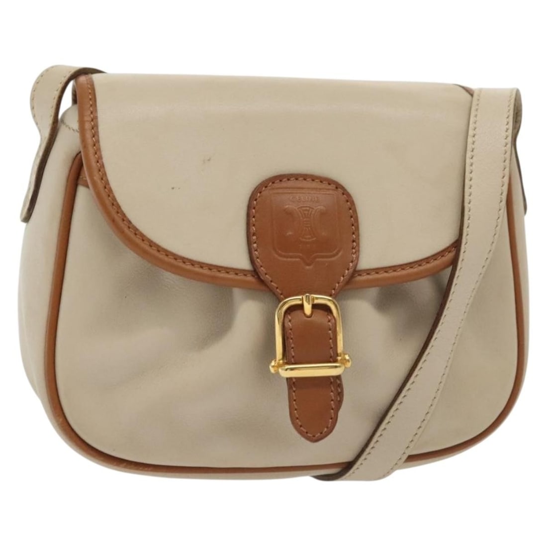 Vintage Triomphe Shoulder Bag by Celine in Beige: Vintage Triomphe Shoulder Bag by Celine in Beige This pre-owned Celine Vintage Triomphe shoulder bag features a beige exterior and is designed for female use. The bag shows signs of previous use, incl