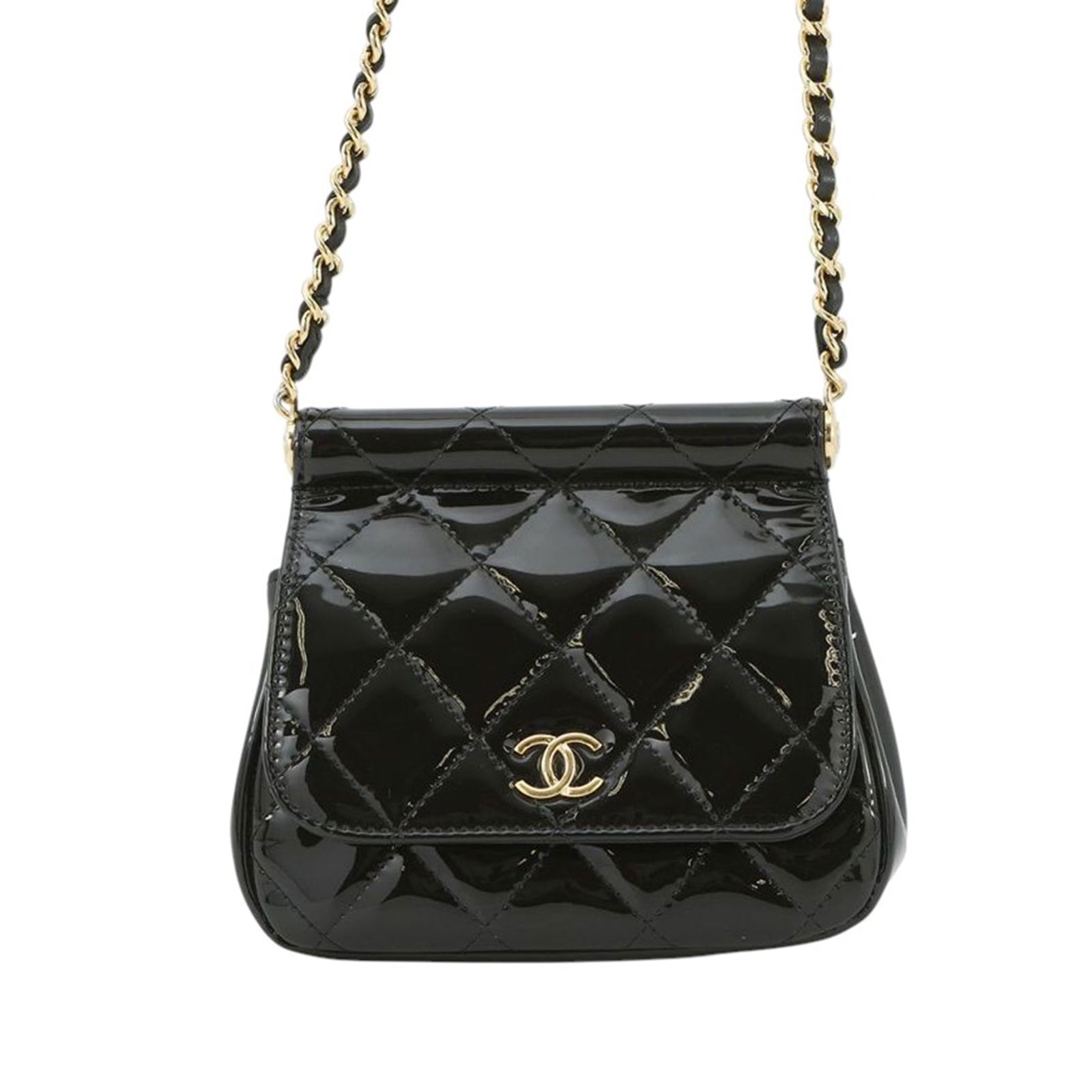 Chanel Black CC Quilted Patent Frame Flap Clutch with Chain: Chanel Black CC Quilted Patent Frame Flap Clutch with Chain Elevate your accessory collection with this stylish Chanel CC Quilted Patent Frame Flap Clutch. This exquisite crossbody bag features a luxu