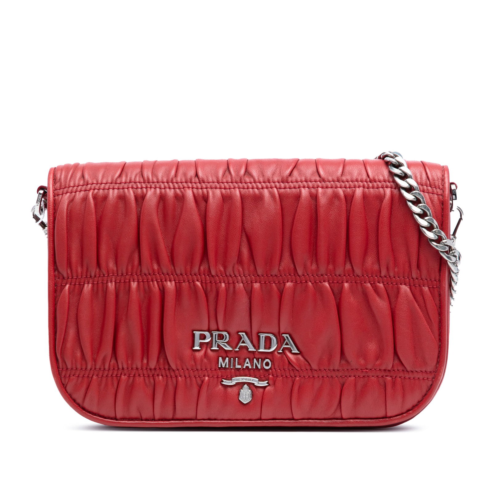 Prada Nappa Gaufre Red Leather Chain Flap Crossbody Bag: Prada Nappa Gaufre Red Leather Chain Flap Crossbody Bag Introducing the Prada Nappa Gaufre Chain Flap Bag, a stylish crossbody that combines elegance with functionality. This eye-catching bag features