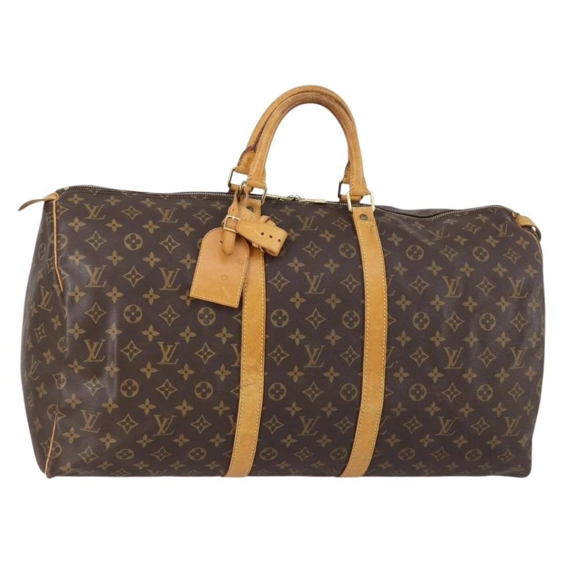 Keepall 55 Boston Travel Bag by Louis Vuitton in Brown: Keepall 55 Boston Travel Bag by Louis Vuitton in Brown This pre-owned Louis Vuitton Keepall 55 Boston travel bag features a classic brown exterior and is designed for female users. The bag shows signs