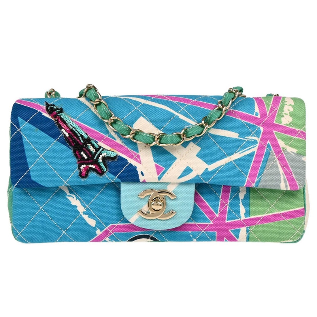 Chanel Blue Canvas Paris Map Flap Shoulder Bag with Chain Strap: Chanel Blue Canvas Paris Map Flap Shoulder Bag with Chain Strap This stunning Chanel Blue Canvas Paris Map Single Flap Shoulder Bag combines elegance with a touch of modernity. Featuring a chic matela