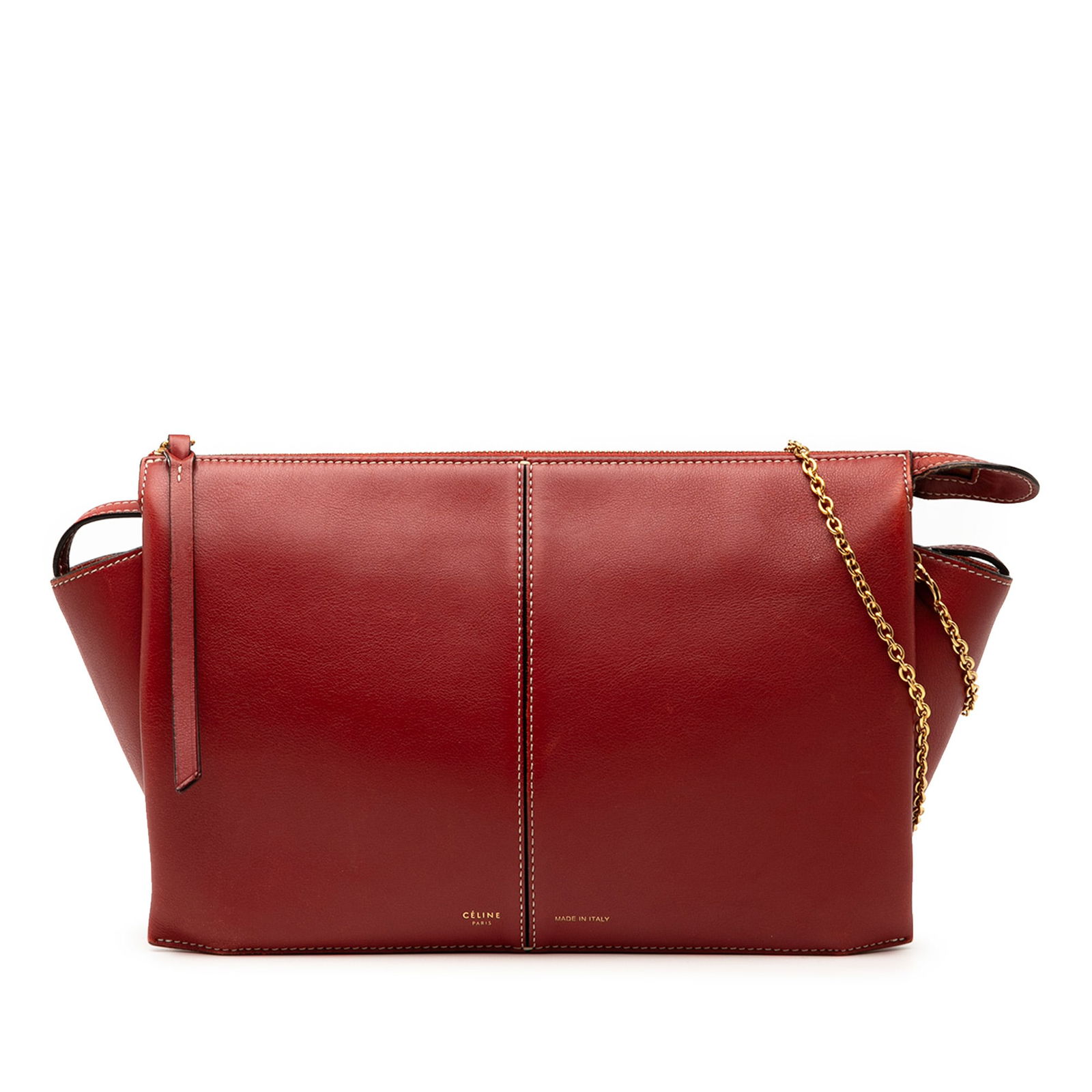 Celine Red Trifold Leather Clutch with Chain Strap: Celine Red Trifold Leather Clutch with Chain Strap This Celine Trifold Leather Clutch On Chain showcases a striking red leather body complemented by a stylish chain link shoulder strap. The clutch fea