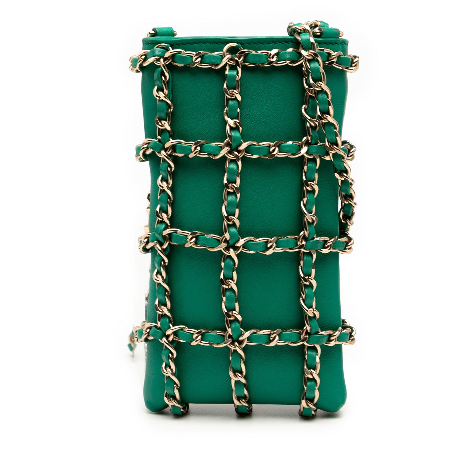 Chanel Green Lambskin Tech Me Out Clutch with Chain Link Strap: Chanel Green Lambskin Tech Me Out Clutch with Chain Link Strap Introducing the Chanel Lambskin Tech Me Out Clutch with Chain, a luxurious accessory crafted from premium lambskin leather. This stylish