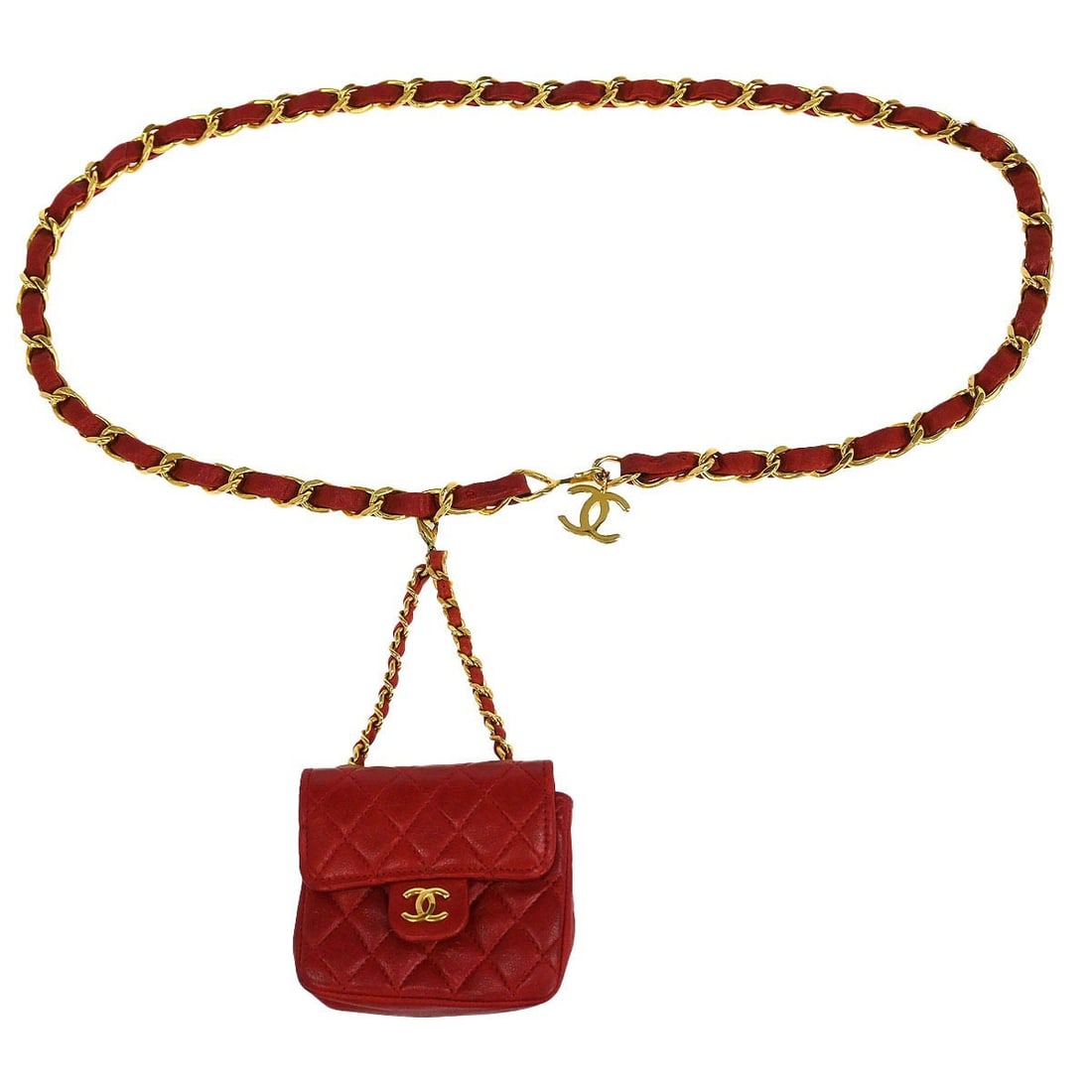 Red Chanel Vintage Square CC Micro Flap Chain Belt Bag: Red Chanel Vintage Square CC Micro Flap Chain Belt Bag This pre-owned Chanel Vintage Square CC Flap Chain Belt Bag features a red exterior with the classic flap design and chain strap. The bag is in f
