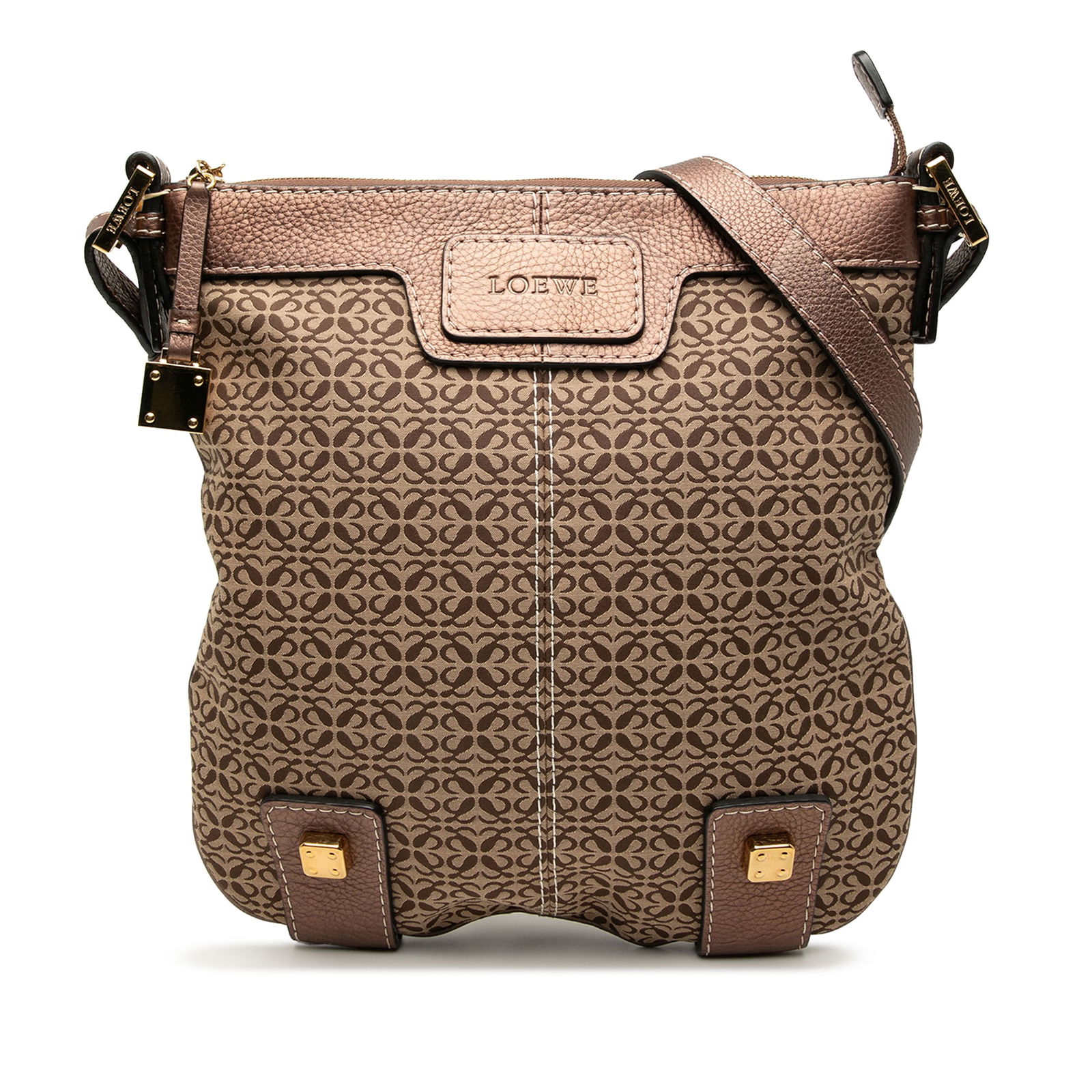 LOEWE Anagram Canvas New Road Crossbody Bag in Brown: LOEWE Anagram Canvas New Road Crossbody Bag in Brown Discover the LOEWE Anagram Canvas New Road Crossbody, an elegant blend of style and functionality. This chic crossbody bag features a durable canva