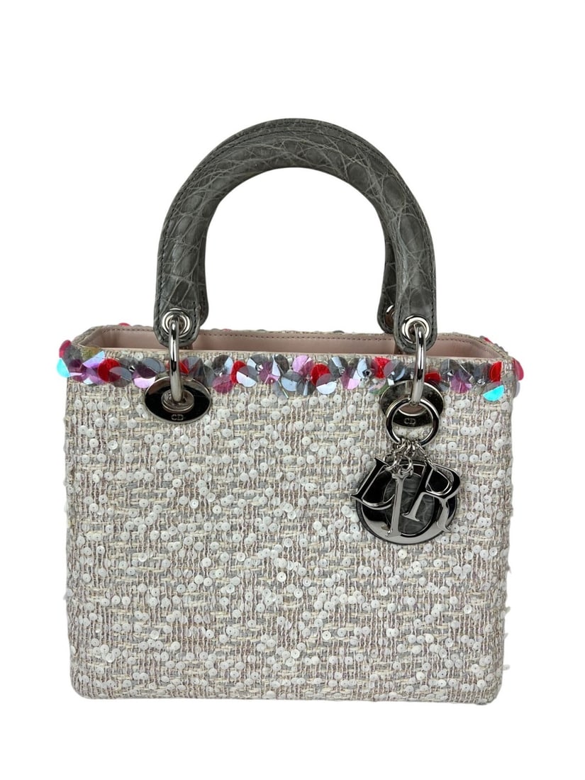 Medium Lady Dior Light Pink Tweed Sequin Top Handle Bag with Silver Hardware: Medium Lady Dior Light Pink Tweed Sequin Top Handle Bag with Silver Hardware This Christian Dior Lady Dior Medium bag features a light pink exterior crafted from leather with a tweed pattern and sequi
