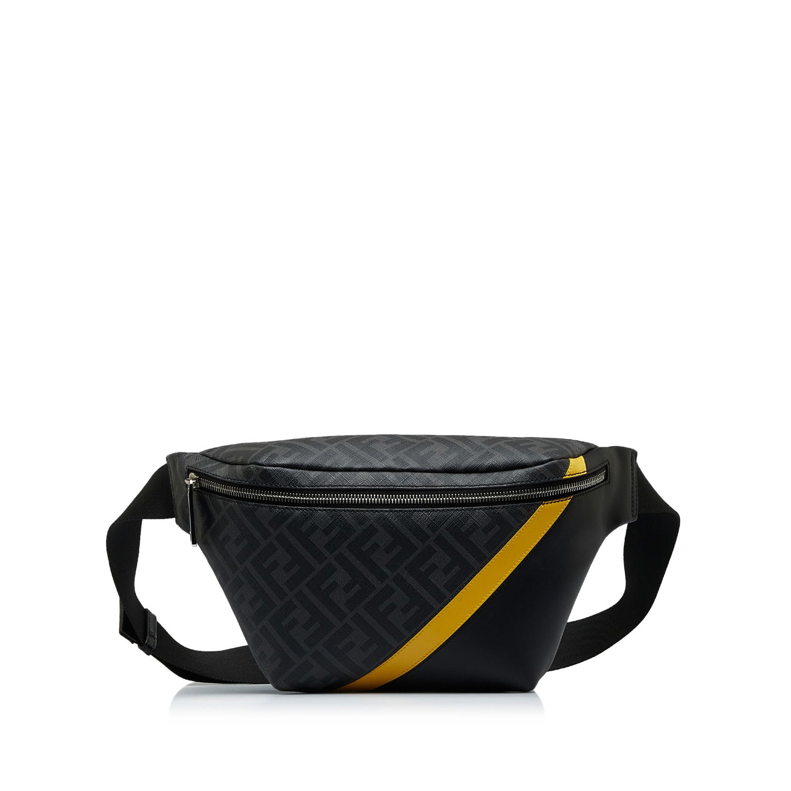Fendi Zucca FF 1974 Diagonal Belt Bag Coated Canvas Black Leather: Fendi Zucca FF 1974 Diagonal Belt Bag Coated Canvas Black Leather This Fendi Zucca FF 1974 Diagonal Belt Bag showcases a stylish design crafted from coated canvas, complemented by multi-colored leathe