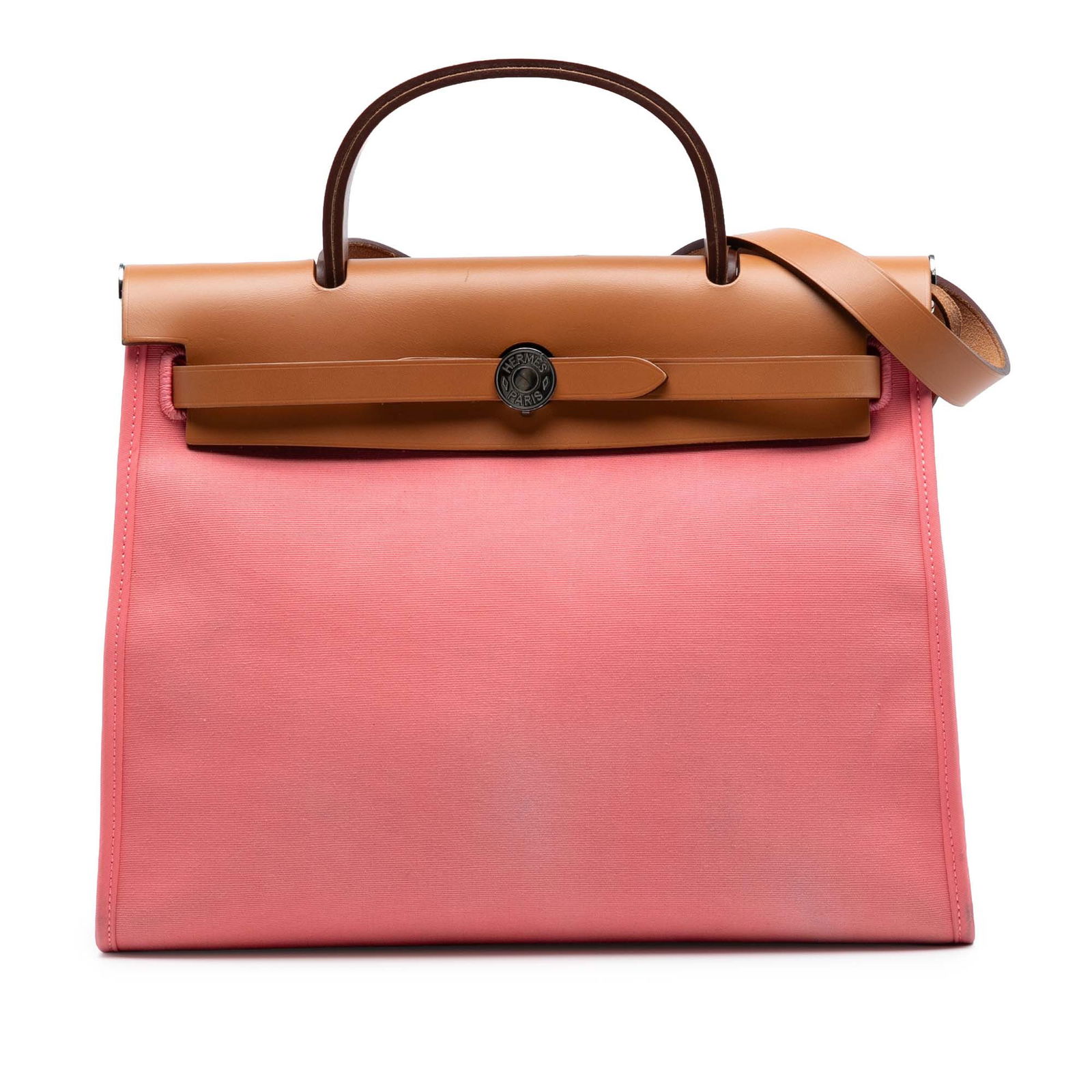 Hermes Toile Herbag Zip 31 Pink Canvas Handbag: Hermes Toile Herbag Zip 31 Pink Canvas Handbag The Hermes Toile Herbag Zip 31 is a stylish and practical bag, expertly crafted in France. It showcases a canvas body with a chic pink hue and features a