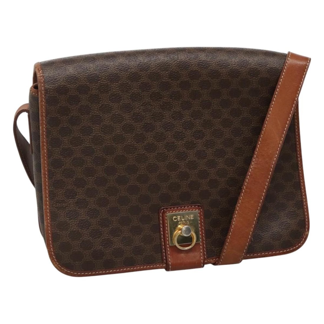Macadam Pattern Shoulder Bag by Celine in Brown Vintage Style: Macadam Pattern Shoulder Bag by Celine in Brown Vintage Style This pre-owned Celine Macadam shoulder bag features a classic brown design with signs of use, including rubbing and slight stains on the l
