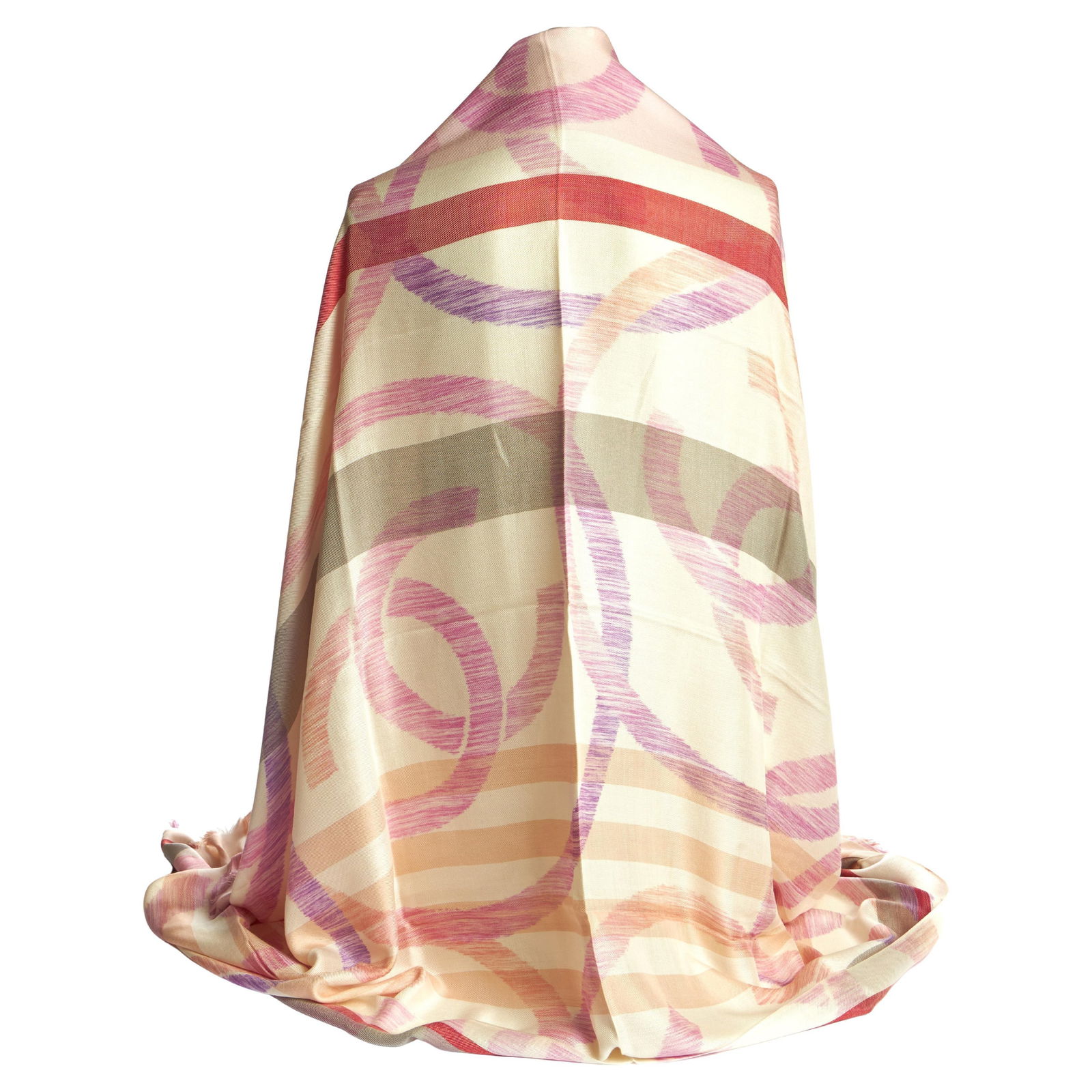 Chanel Cashmere Cream Logo Shawl 64% Silk Made in Italy: Chanel Cashmere Cream Logo Shawl 64% Silk Made in Italy Elevate your style with this luxurious Chanel Cashmere Cream Logo Shawl. Crafted from a sumptuous blend of 64% silk and 36% cashmere, this desig