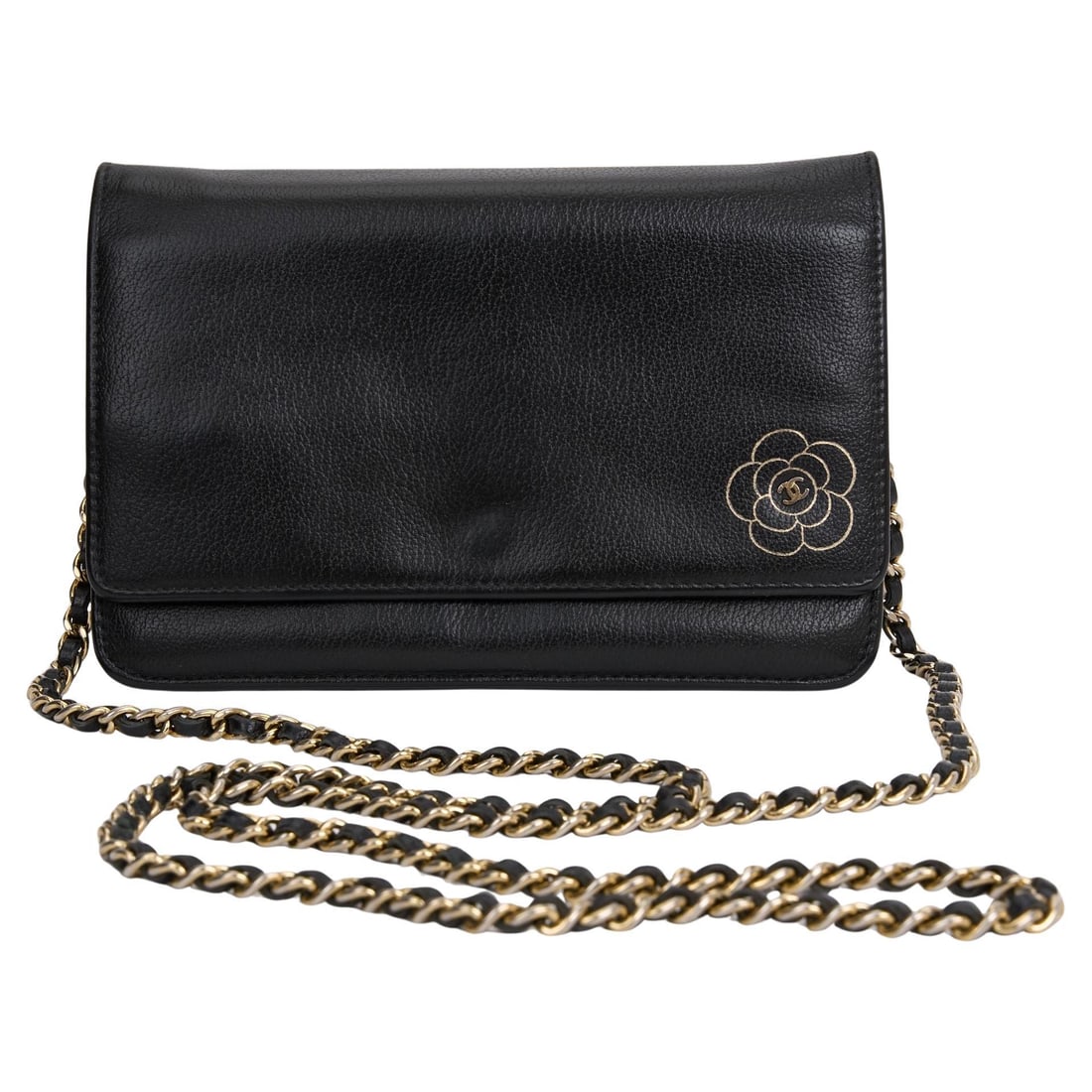 Chanel Caviar Camellia Wallet on Chain Black Leather with Gold-tone Hardware: Chanel Caviar Camellia Wallet on Chain Black Leather with Gold-tone Hardware This exquisite Chanel Caviar Camellia Wallet on Chain is a stunning accessory, crafted from luxurious black leather. It sho